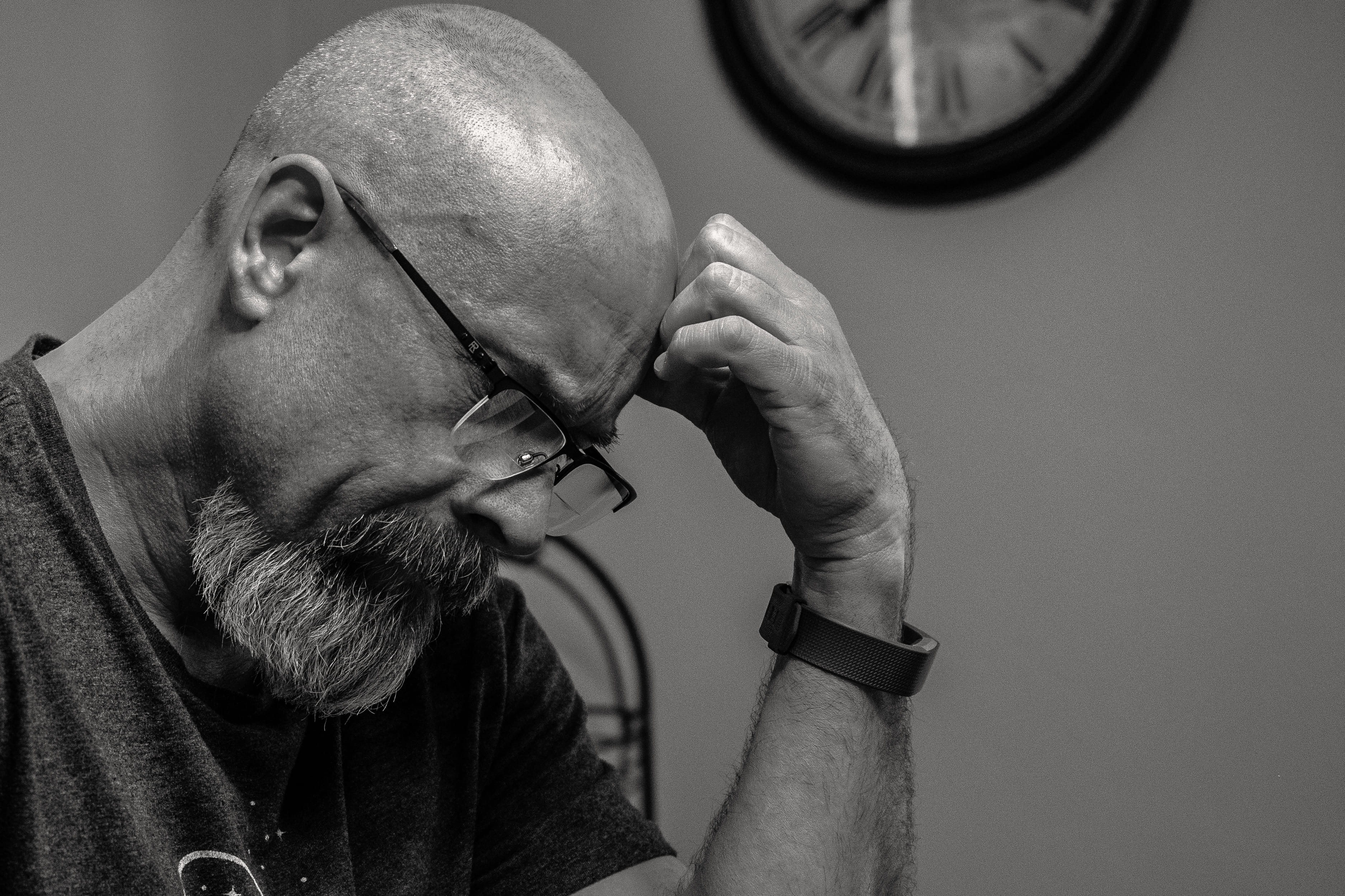 front, profile view, headshot, man, portrait, shaved head, mustache, wear, beard, facial expression, 2K, indoors, depression - sadness, human face, mid adult, HD Wallpaper