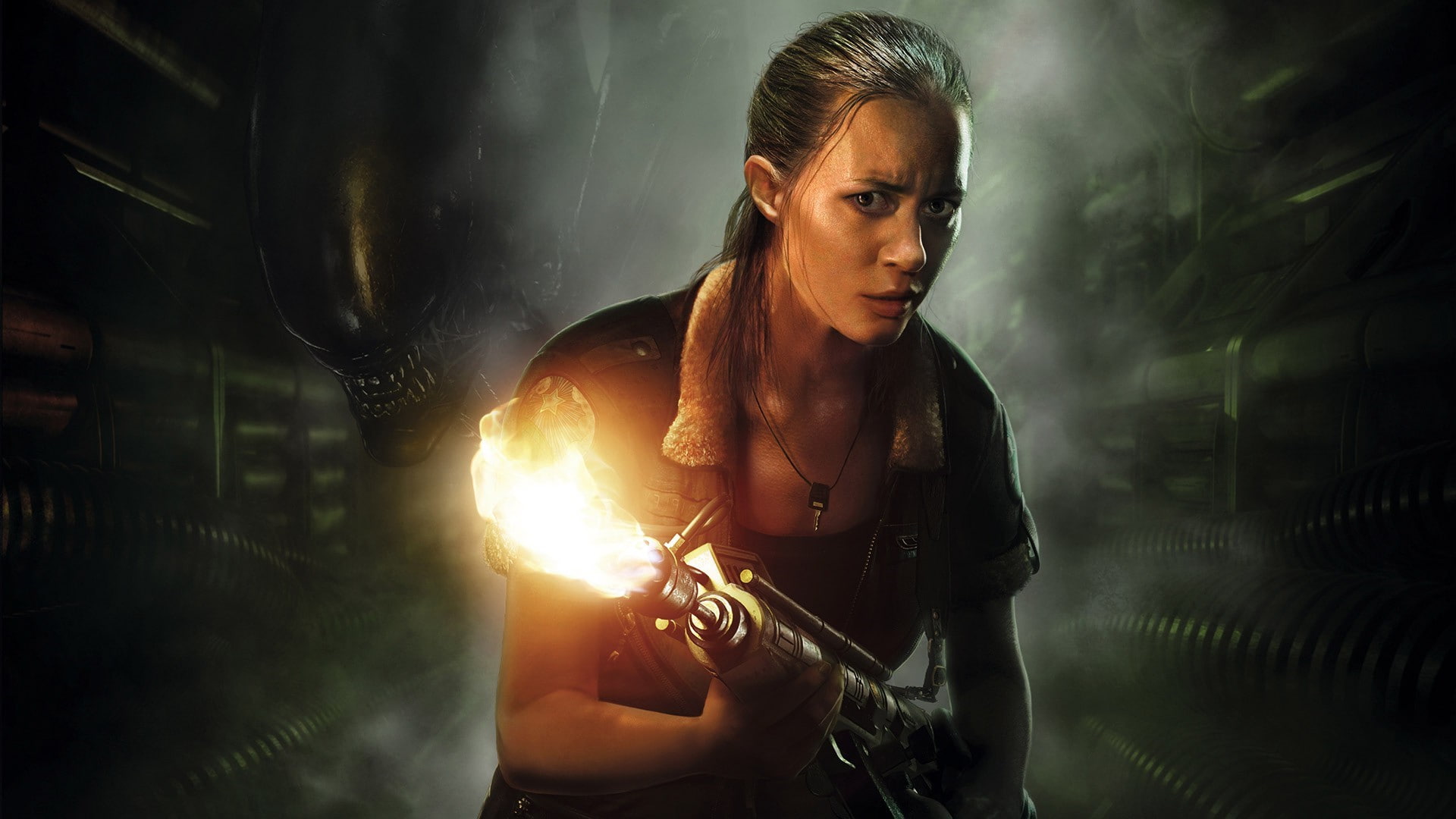 1080P, sport, lens flare, hairstyle, alien isolation video games, holding, waist up, indoors, concentration, determination, weapon, self-defense, front view, HD Wallpaper