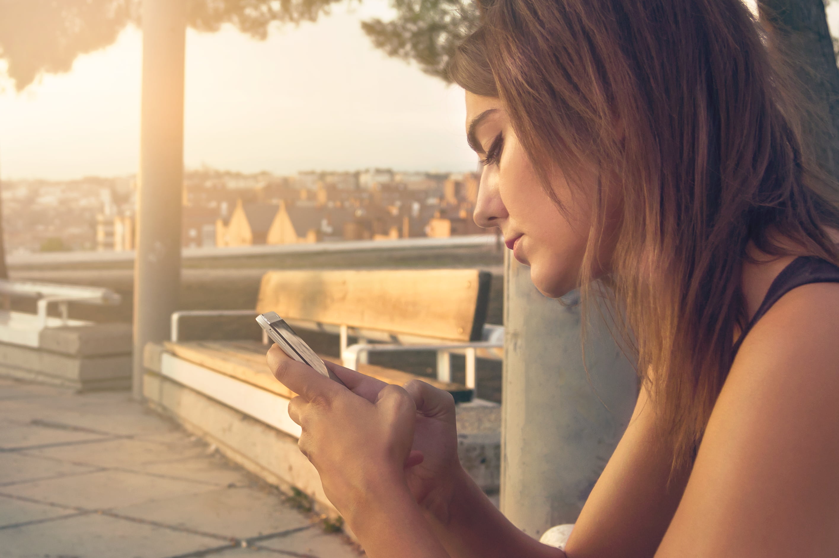 communication, headshot, beauty, bench, beautiful woman, side view, person, young women, portrait, black, wearing, only women, sun, hands, benches, sun glare, HD Wallpaper