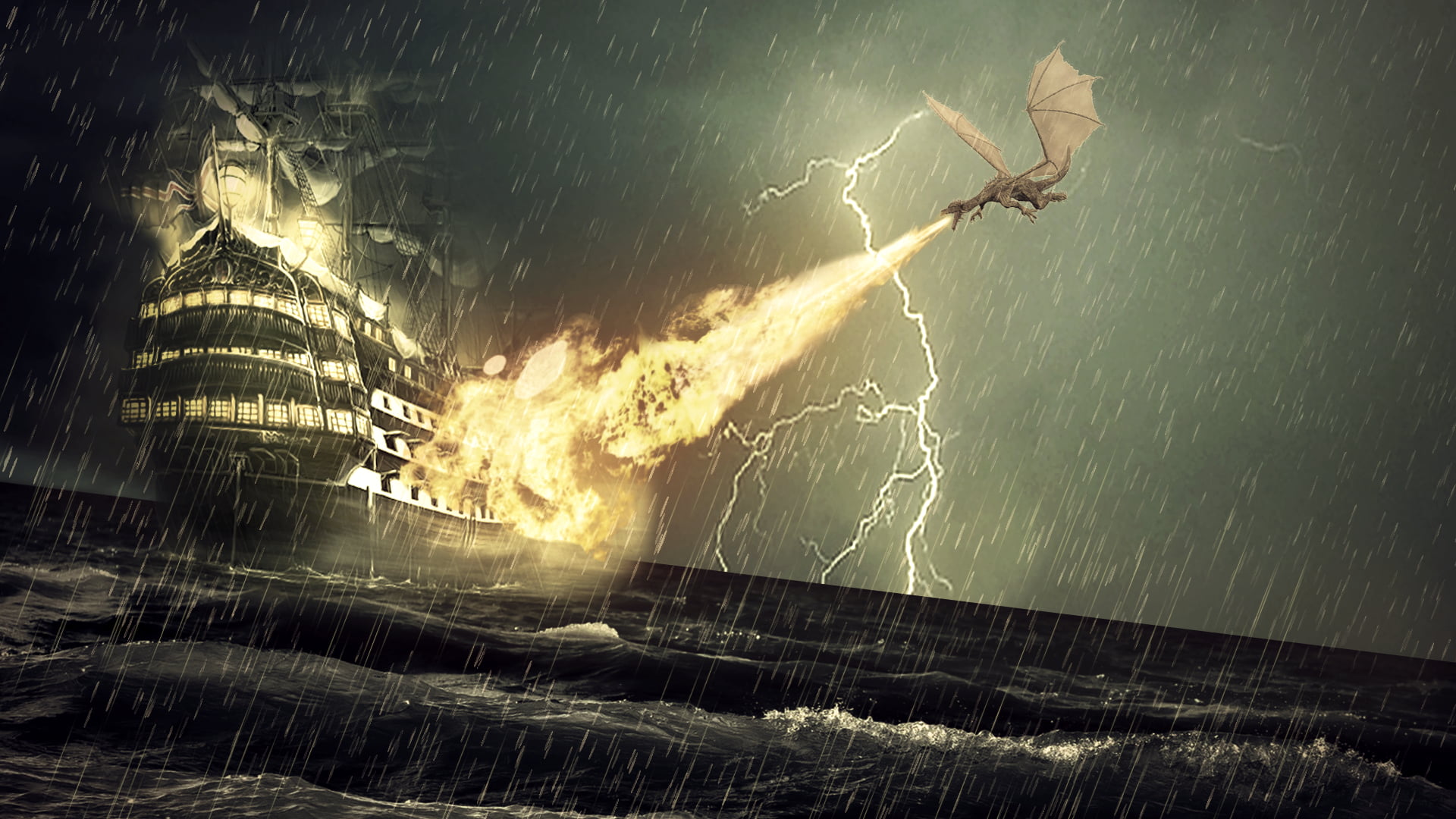 dragon, illustration, built structure, power, architecture, building exterior, outdoors, accidents and disasters, no people, nature, night, storm, destruction, HD Wallpaper