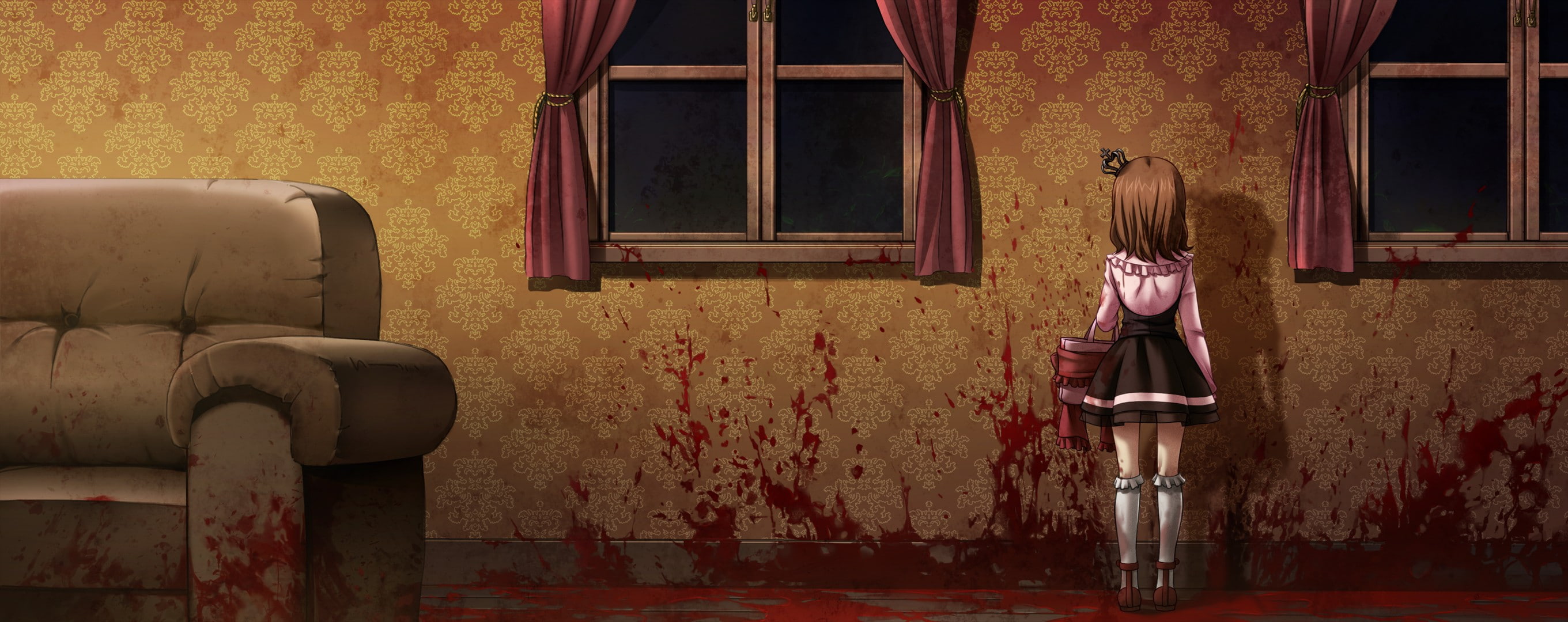 koro, 2K, maria, dress, game, short, naku, ushiromiya, brown, blood, hair, umineko, HD Wallpaper