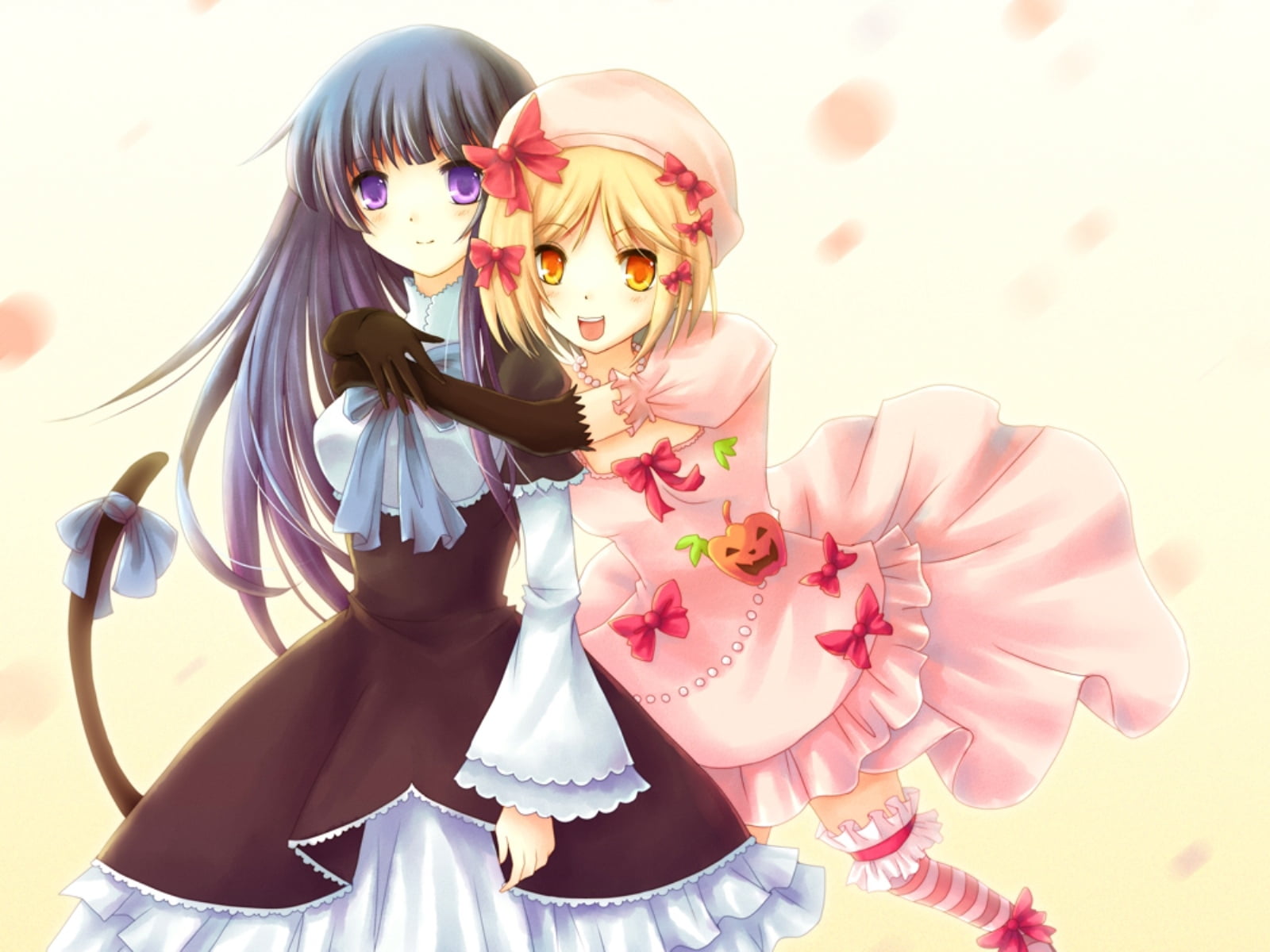 hugging, tail, front view, standing, flower, hair, fashion, adult, representation, umineko no naku koro ni, 720P, three quarter length, illustration, beautiful woman, HD Wallpaper