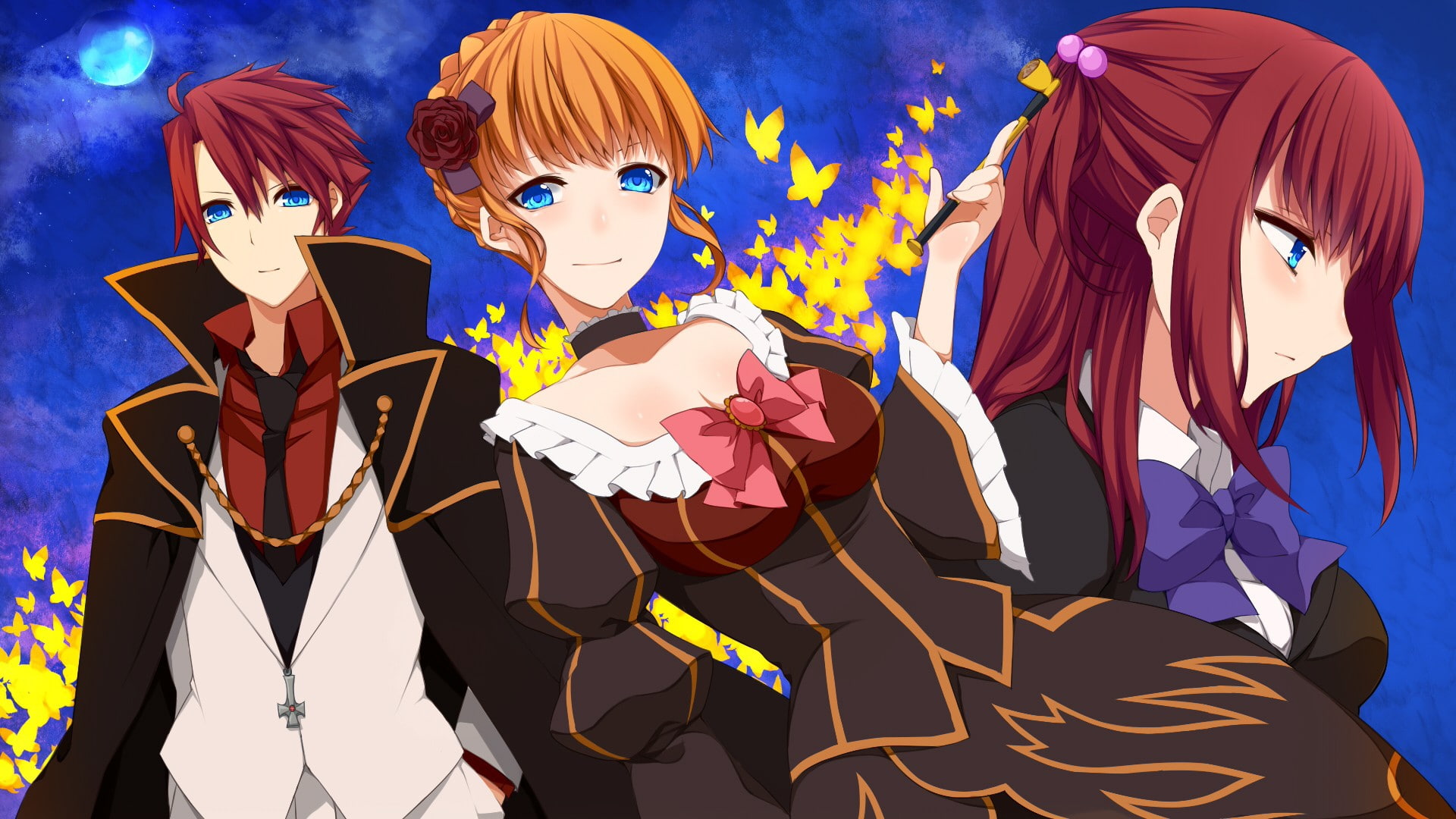 blue, suit, 1080P, animals, braid, umineko, redheads, cleavage, tie, art, eyes, sho, blondes, long, witch, butterflies, hd, naku, dress, koro, ni, hair, HD Wallpaper