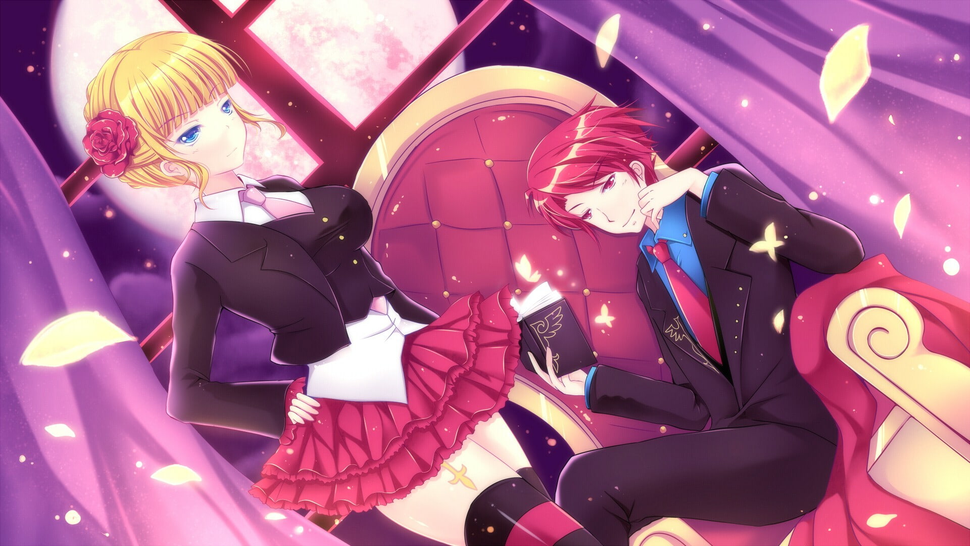 suit, books, 1080P, blondes, umineko, couple, flowers, animals, redheads, hd, eyes, night, skirts, moon, ni, r, tie, naku, art, koro, butterflies, blue, HD Wallpaper