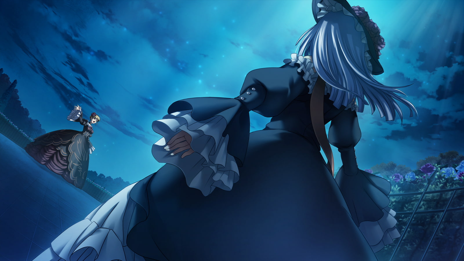 naku, gray, umineko, flowers, stars, dress, eyes, night, koro, beatrice, blonde, virgilia, blue, 720P, hair, game, hat, HD Wallpaper