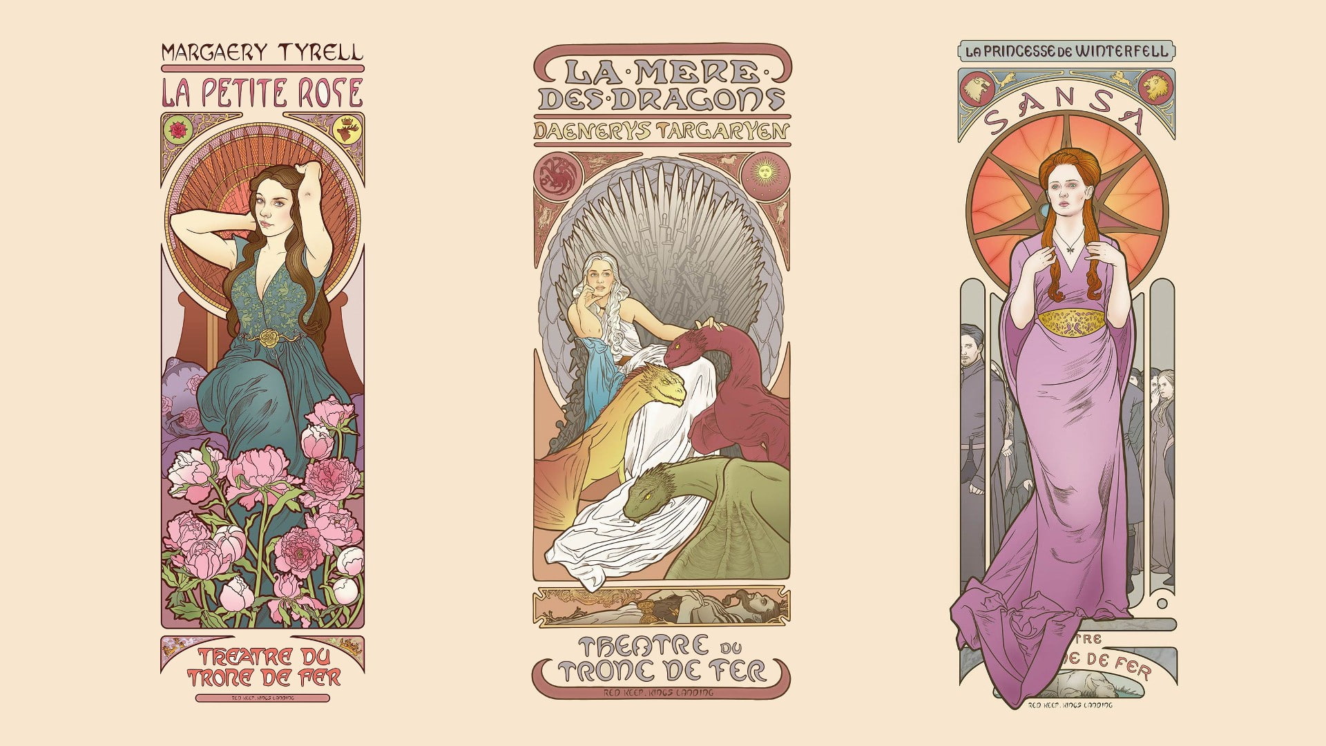 Art Nouveau, Daenerys Targaryen, collage, 1080P, fantasy girl, Sansa Stark, Game of Thrones, Margaery Tyrell, HD Wallpaper
