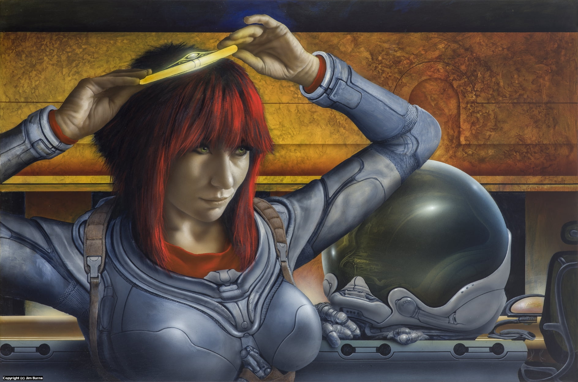 painting, 720P, space suit, Rica Dawnstar, science fiction, women, Jim Burns, HD Wallpaper