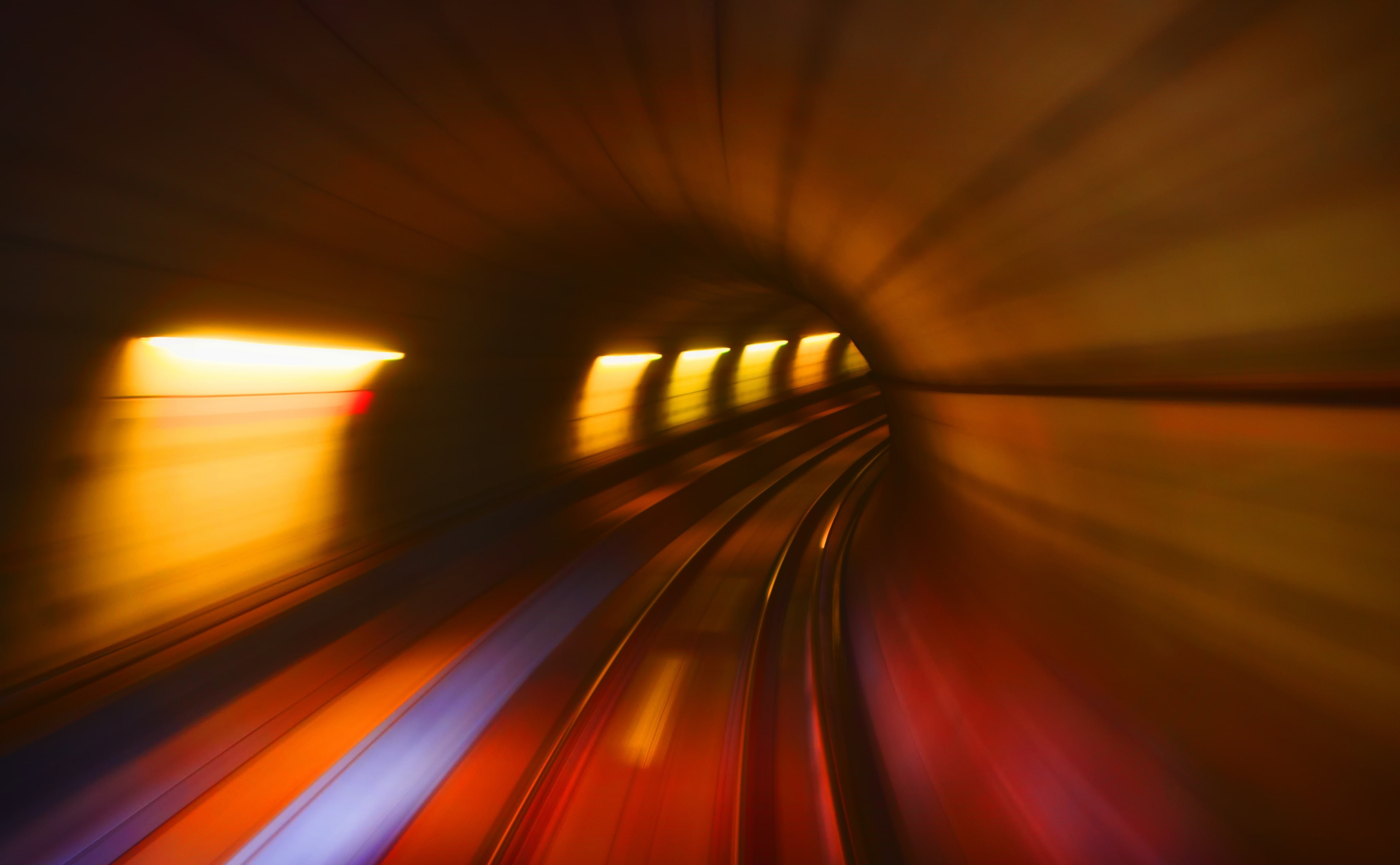Public, railroad track, rail transportation, skytrain, curve, outdoors, 4K, Subway, no people, blurred motion, transit, express, long exposure, Blur, Trains, HD Wallpaper