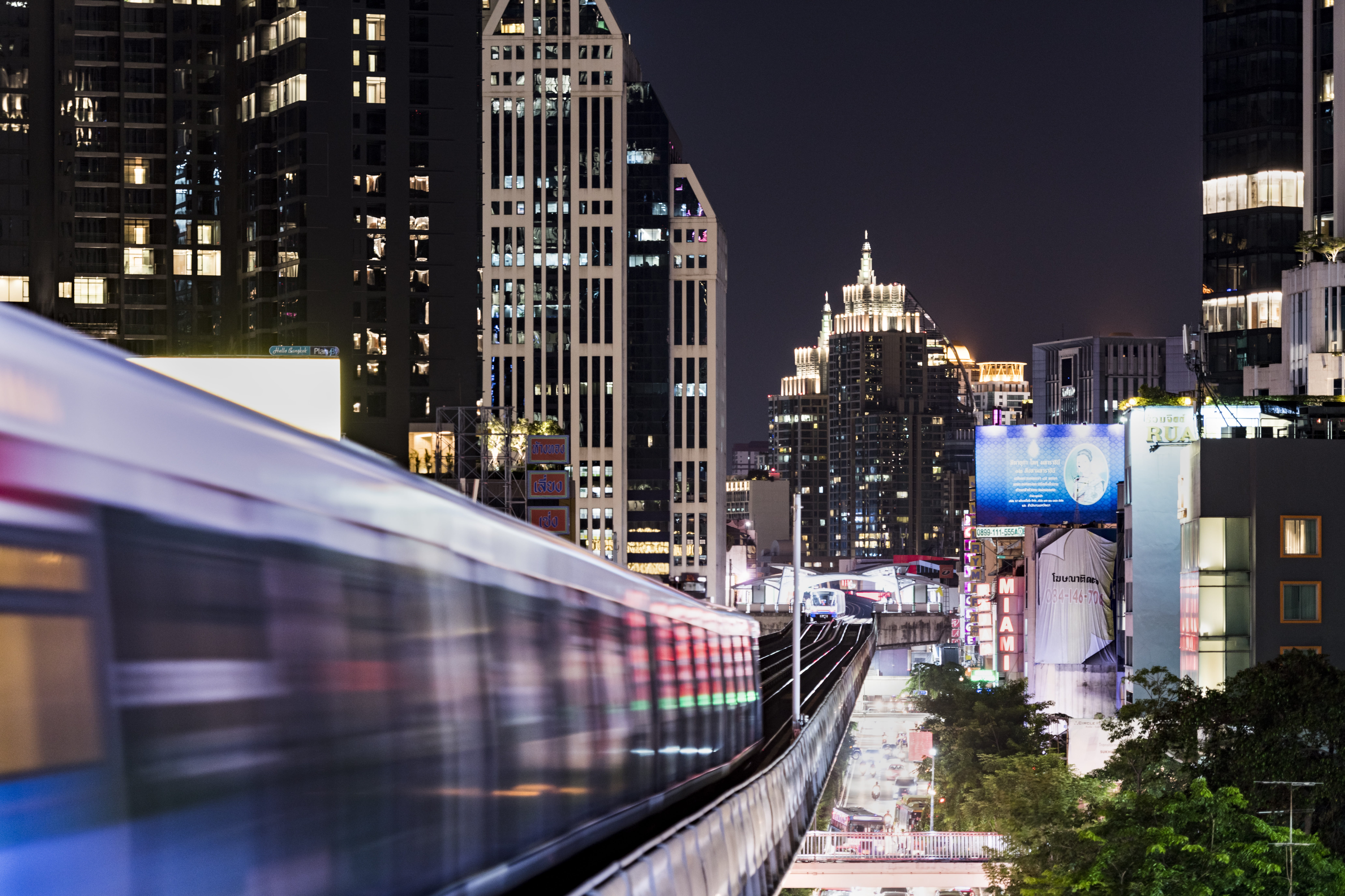 no people, building exterior, tower, night, track, rail transportation, thailand, 8K, mode of transportation, financial district, skyscraper, building, HD Wallpaper