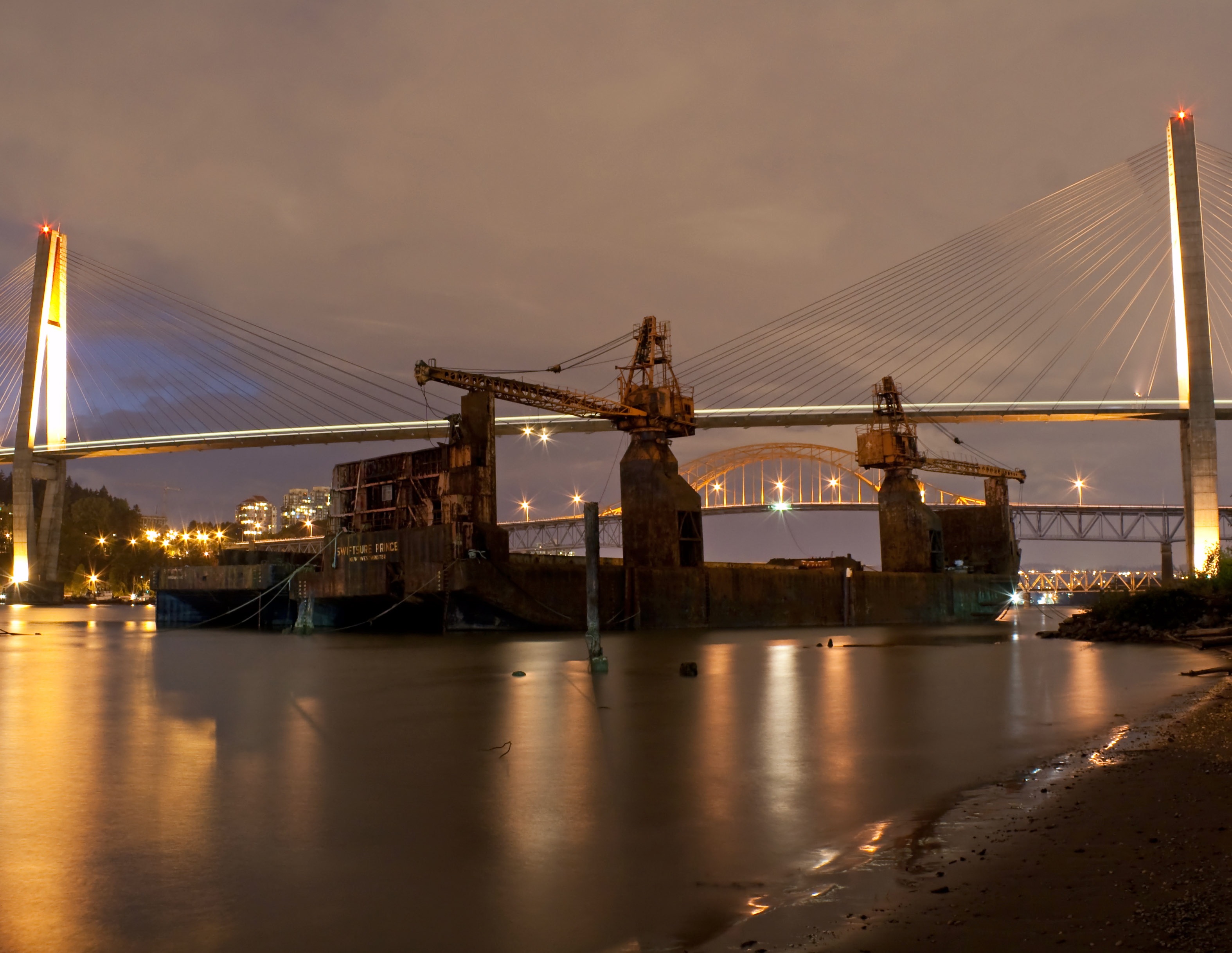 sky, bridge - man made structure, boat, no people, outdoors, industry, transportation, bridge, industrial, reflection, illuminated, architecture, 2K, lights, HD Wallpaper