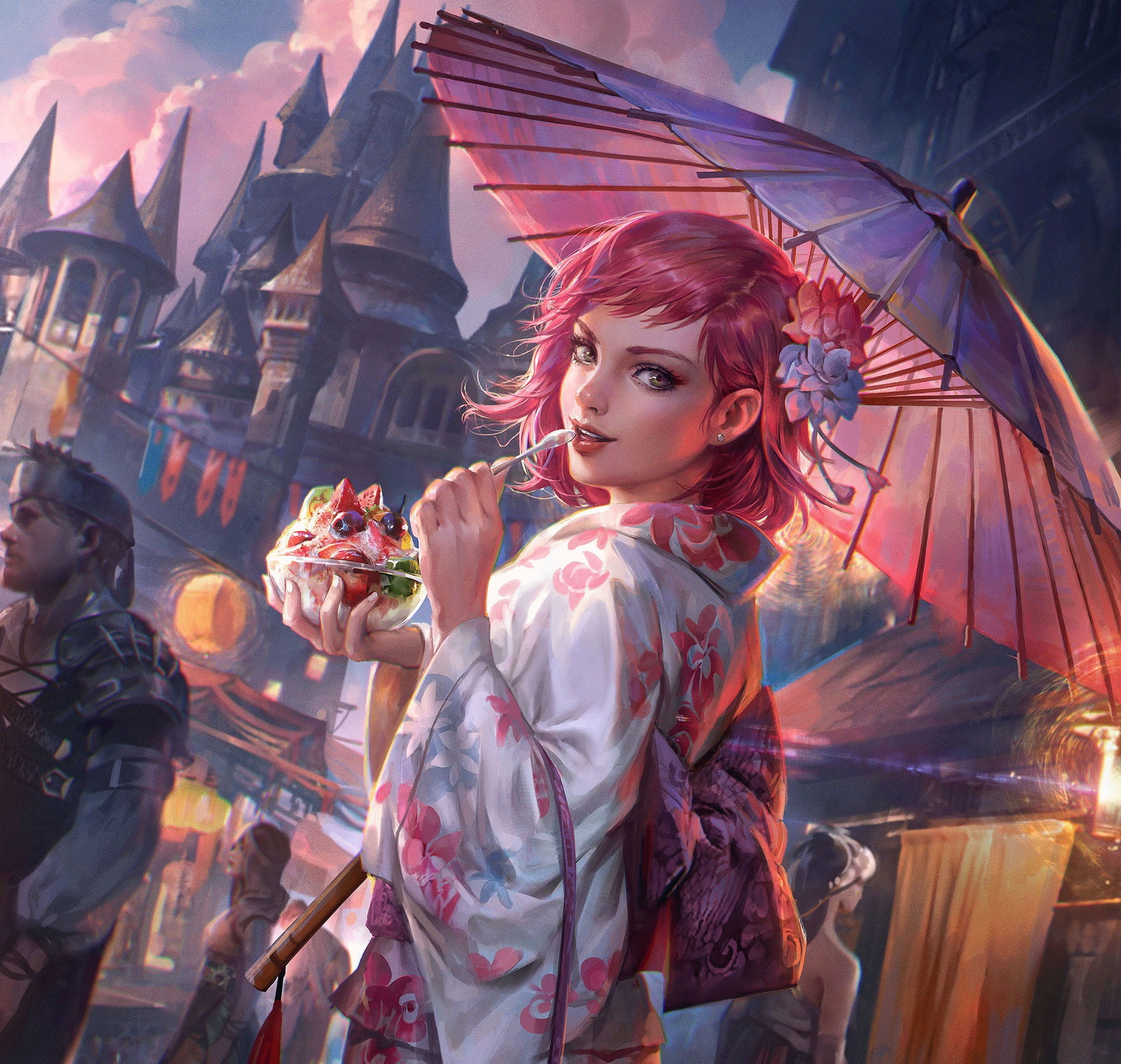 digital art, 720P, food, castle, umbrella, illustration, fruit, pink hair, Jeremy Chong, fantasy girl, HD Wallpaper