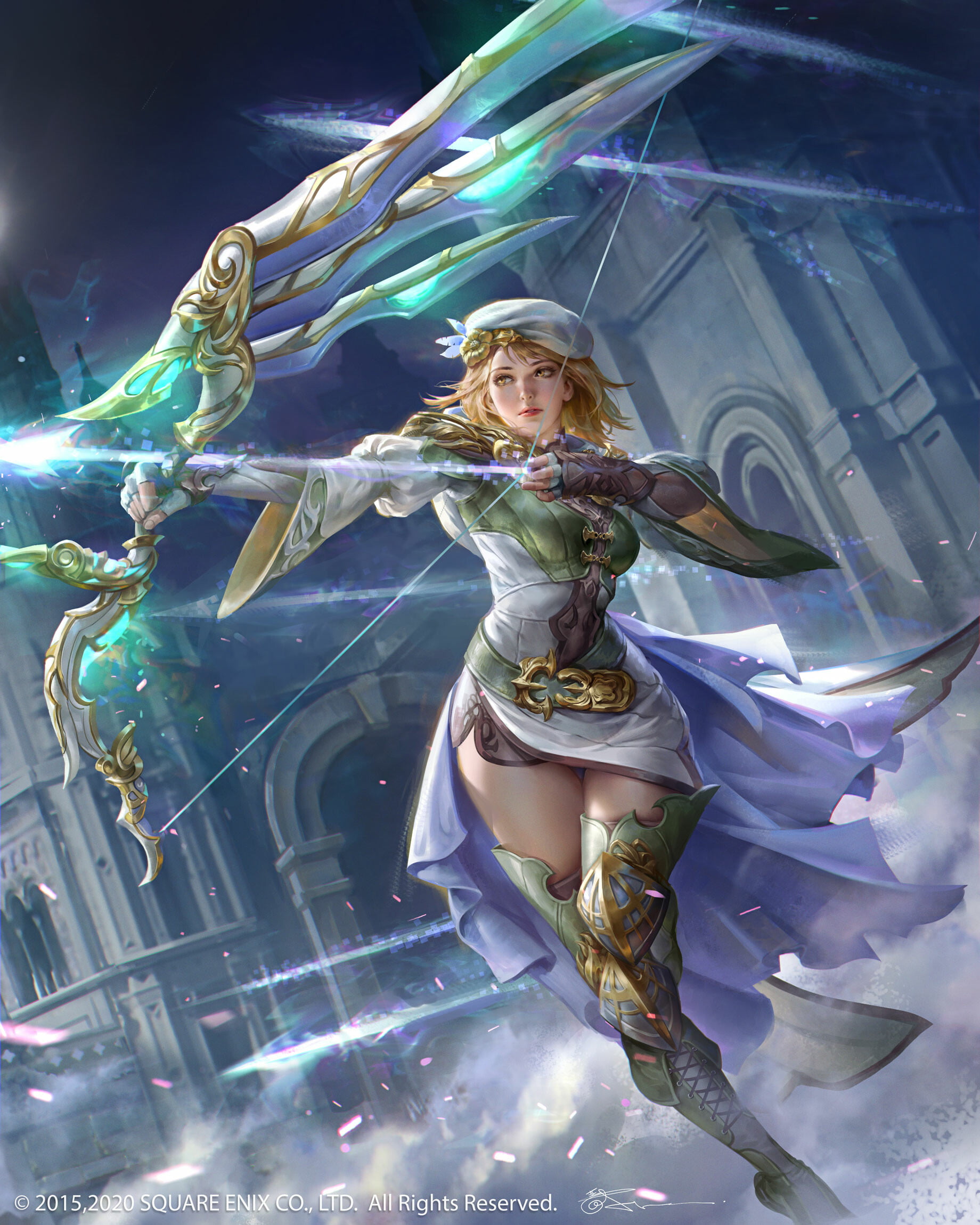 dress, glowing, fighting, drawing, thigh-highs, Jeremy Chong, hat, yellow eyes, magic, fantasy art, archer, women, wind, weapon, sparks, bow and arrow, Phone HD Wallpaper