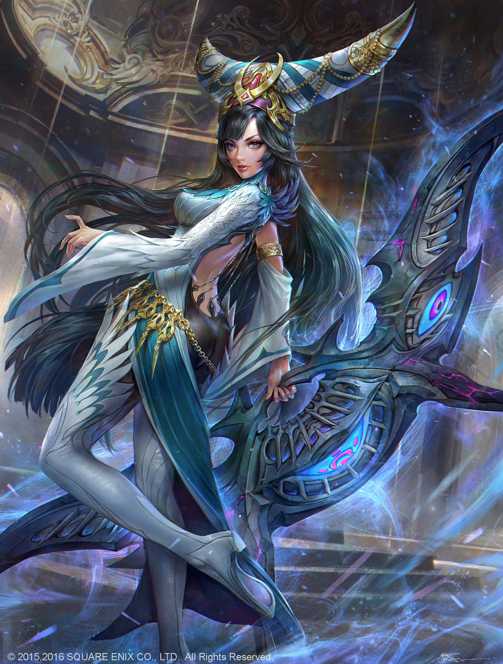 dark hair, gold, drawing, 1080P, chains, fantasy art, weapon, Jeremy Chong, women, long hair, Phone HD Wallpaper