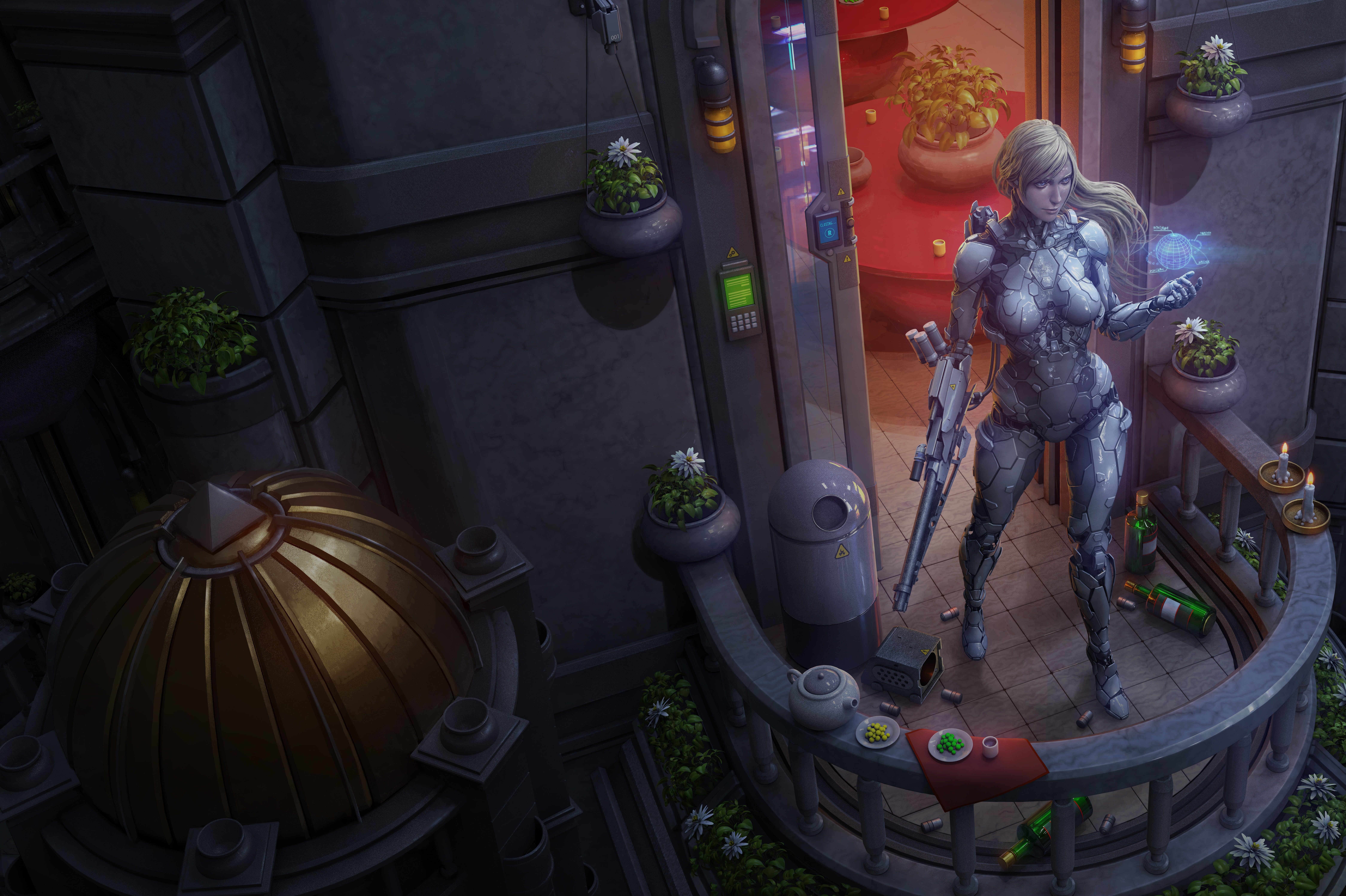 long hair, women, flowers, 3D, blonde, CGI, drawing, science fiction, artwork, balcony, futuristic, Tek Tan, concept art, bottles, digital art, weapon, HD Wallpaper