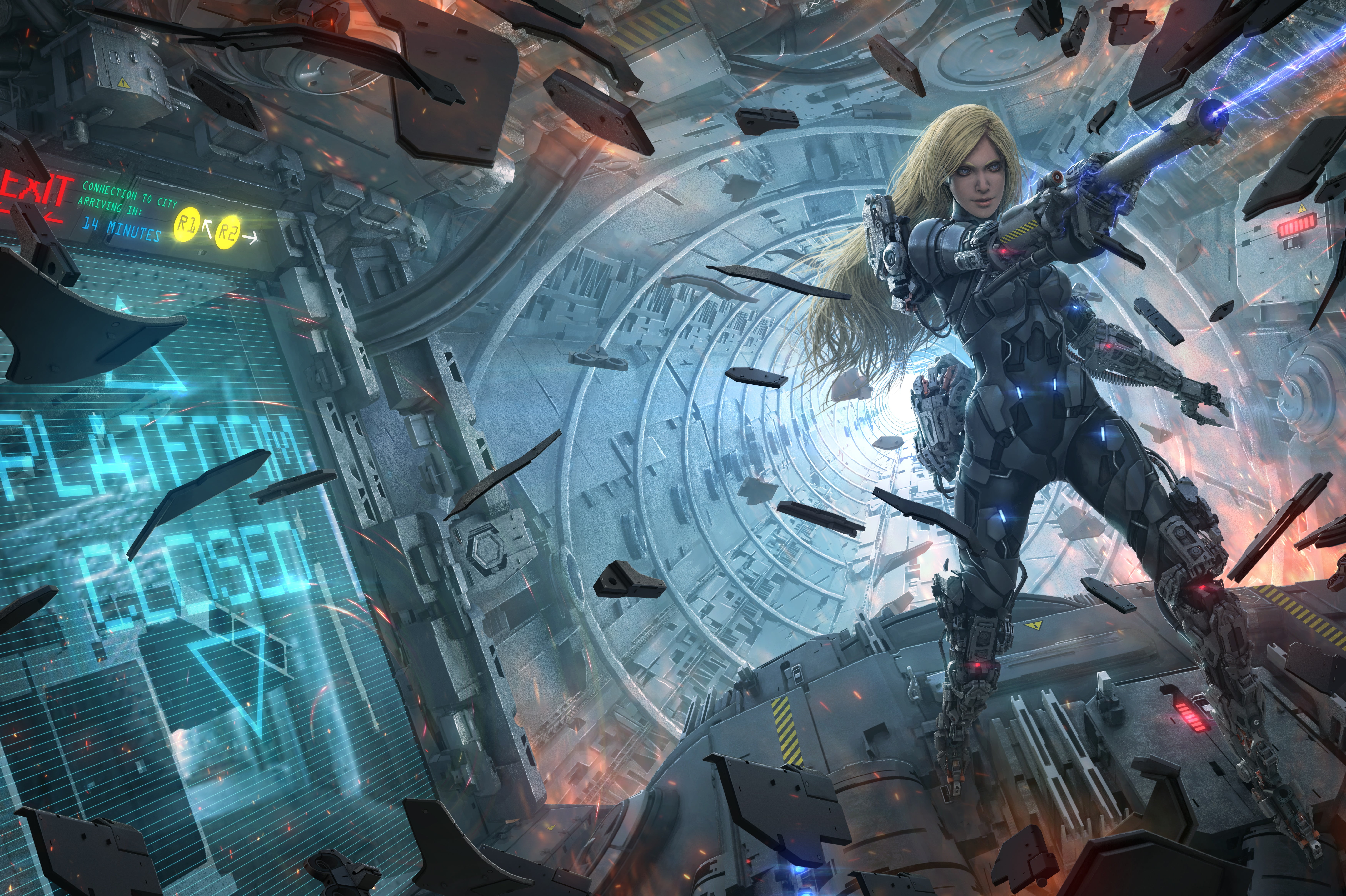armor, cyborg, Tek Tan, digital art, destruction, concept art, science fiction, fantasy art, illustration, artwork, futuristic, blonde, fantasy girl, 5K, HD Wallpaper