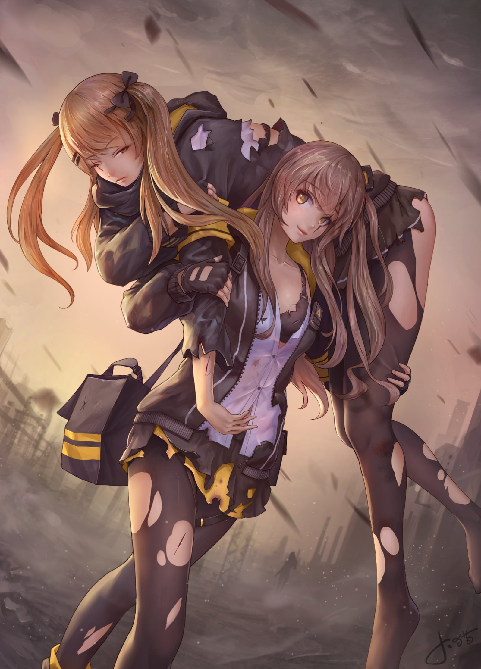 jacket, video games, pantyhose, Girls Frontline, blonde, digital art, skirt, 1080P, fan art, anime girls, soldier, Jay Xu, ripped clothes, long hair, pigtails, Phone HD Wallpaper