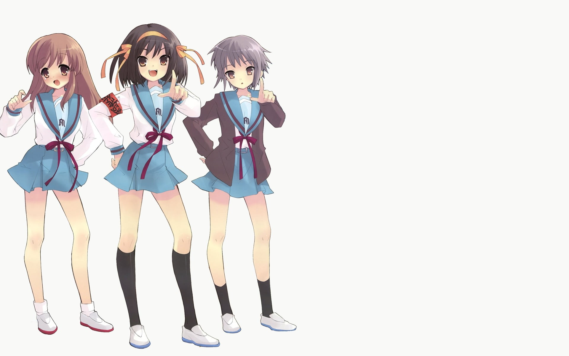 females, standing, copy space, child, beautiful woman, people, friendship, white background, The Melancholy of Haruhi Suzumiya, indoors, front view, Asahina Mikuru, HD Wallpaper