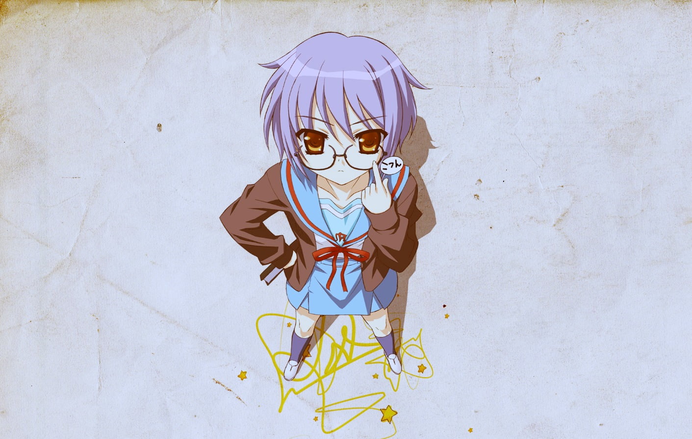Nagato Yuki, real people, representation, craft, built structure, anime, lifestyles, one person, men, human body part, wall - building feature, 720P, creativity, HD Wallpaper