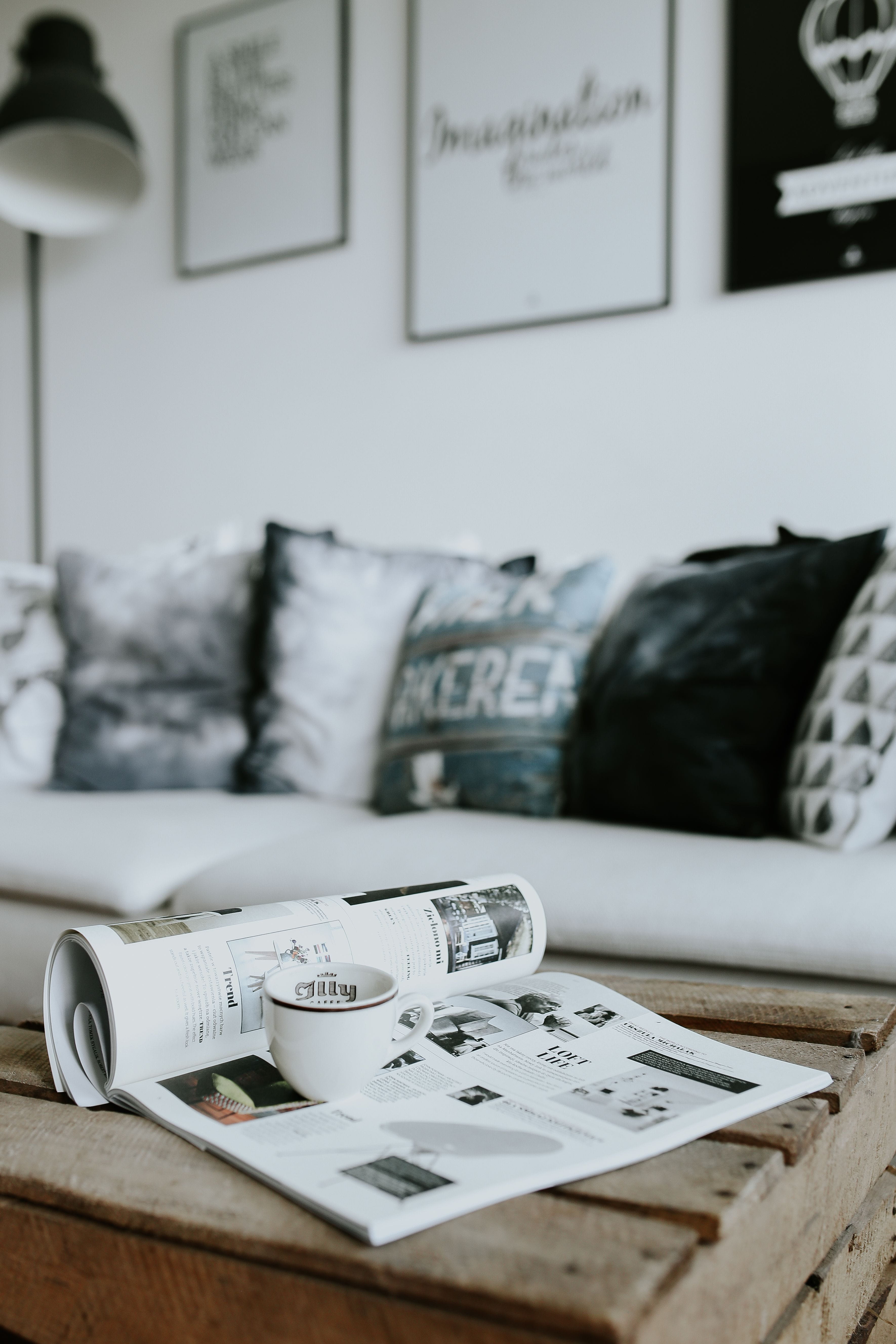 living Room, drink, picture frame, apartment, crockery, indoors, communication, white home, mug, magazines, black, no People, still life, home Interior, Phone HD Wallpaper