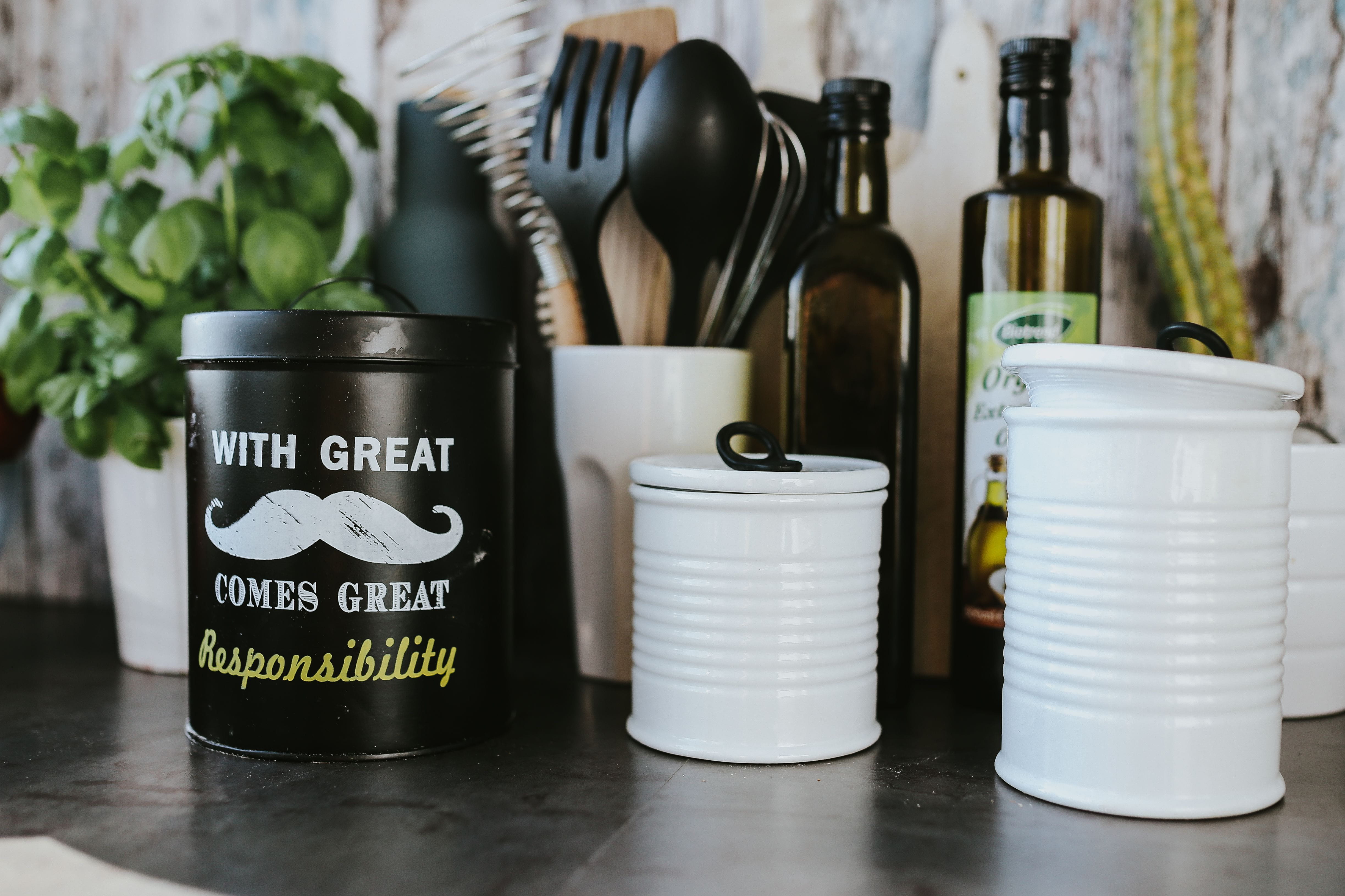 bottle, container, arrangement, wall, variation, food, jar, utensils, still life, group, choice, table, indoors, containers, spatula, food and drink, Kitchen, HD Wallpaper