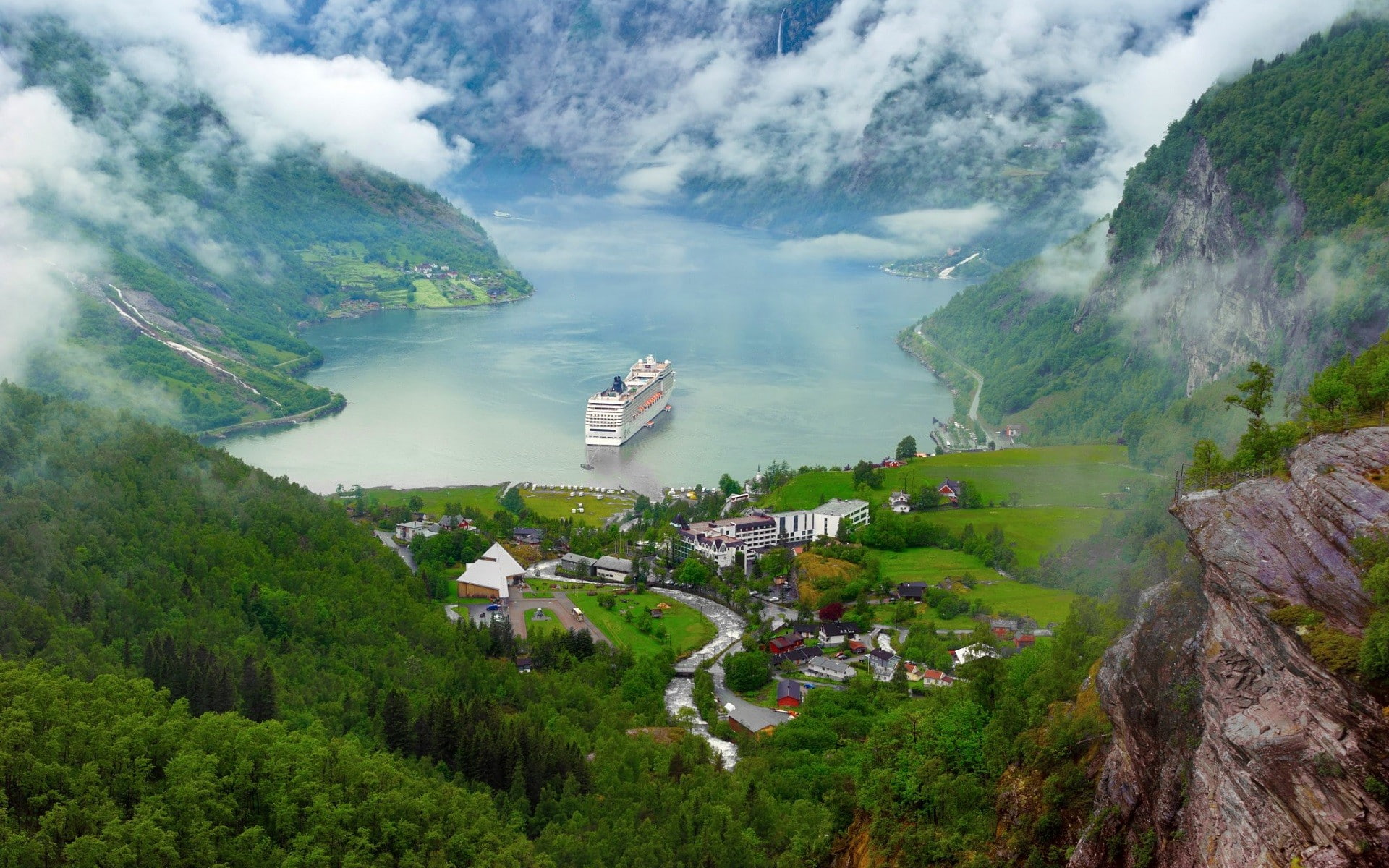 mountains, forest, lake, 1080P, clouds, trees, nature, landscape, Norway, river, ship, Geiranger, cruise ship, HD Wallpaper