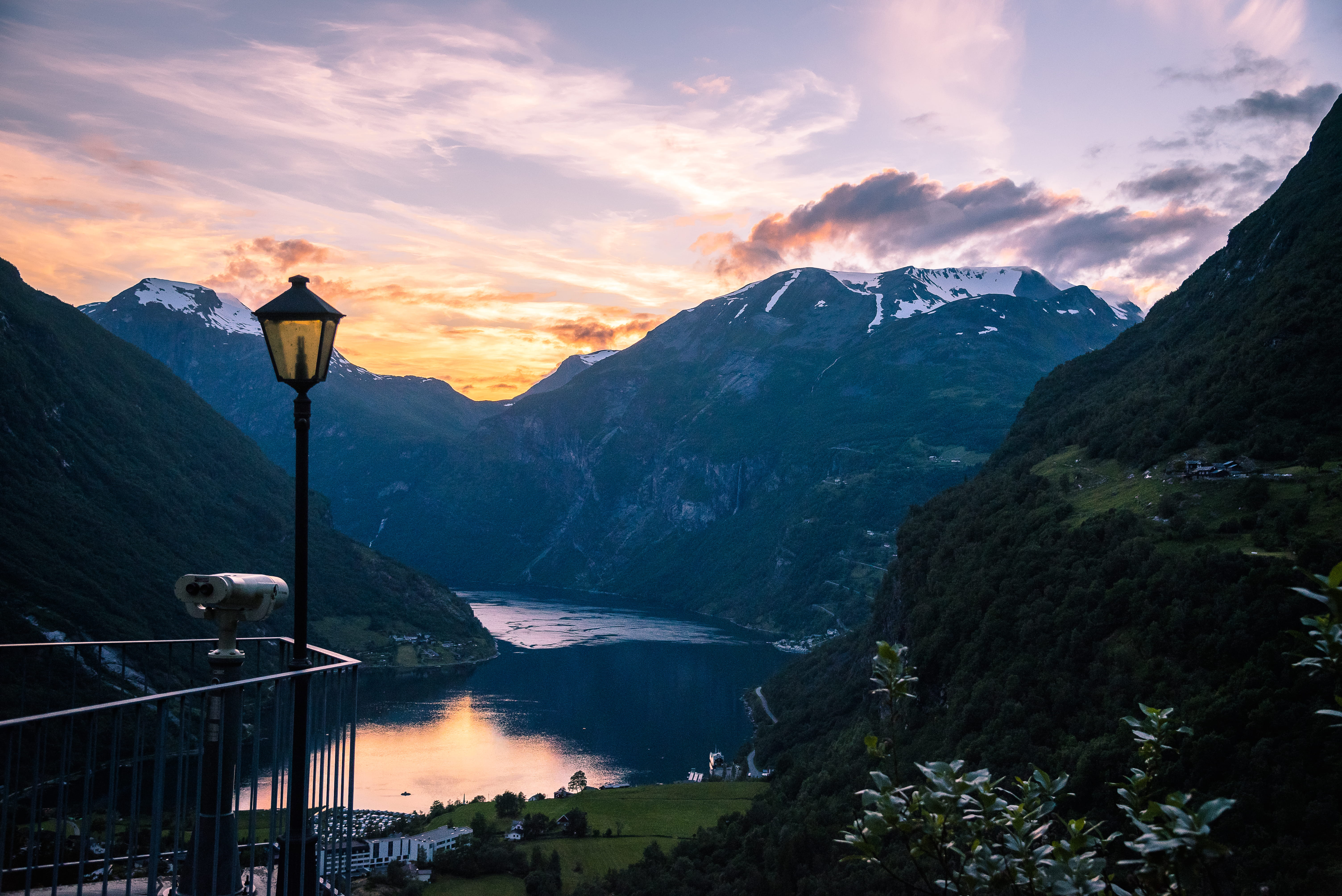 tranquility, geiranger, sunset, lake, norway, nature, environment, tree, idyllic, 5K, sky, lighting equipment, mountains, fjord, scenics - nature, non-urban scene, HD Wallpaper