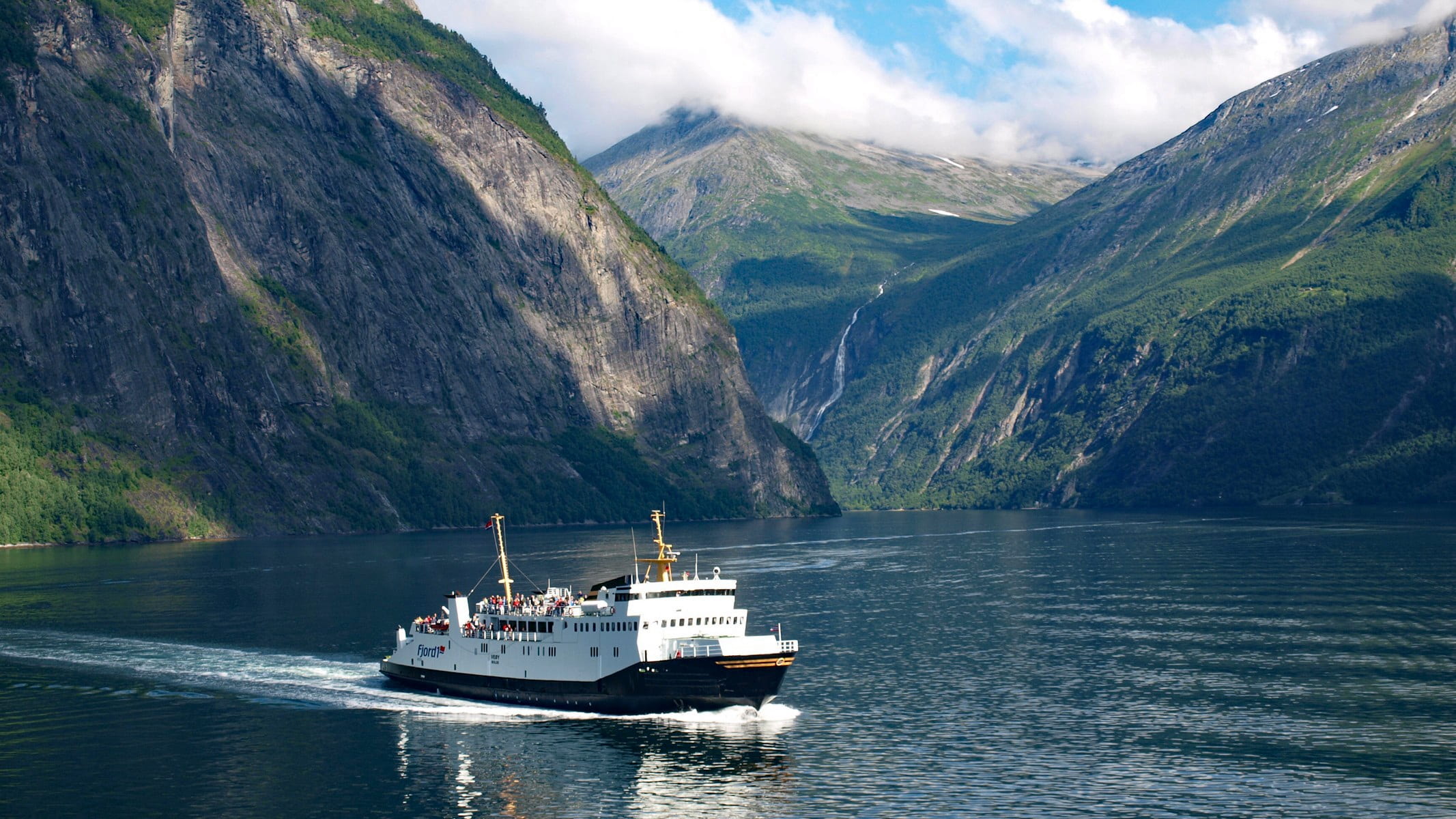 sea, nature, mode of transportation, motion, cloud - sky, norway, scenics - nature, tranquil scene, geirangerfjord, 1080P, vacations, sailboat, ship, transportation, HD Wallpaper