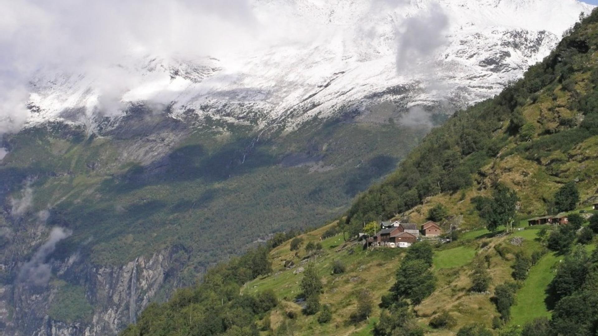 nature and landscapes, mountains, clouds, village, geiranger, snow, 1080P, norway, HD Wallpaper