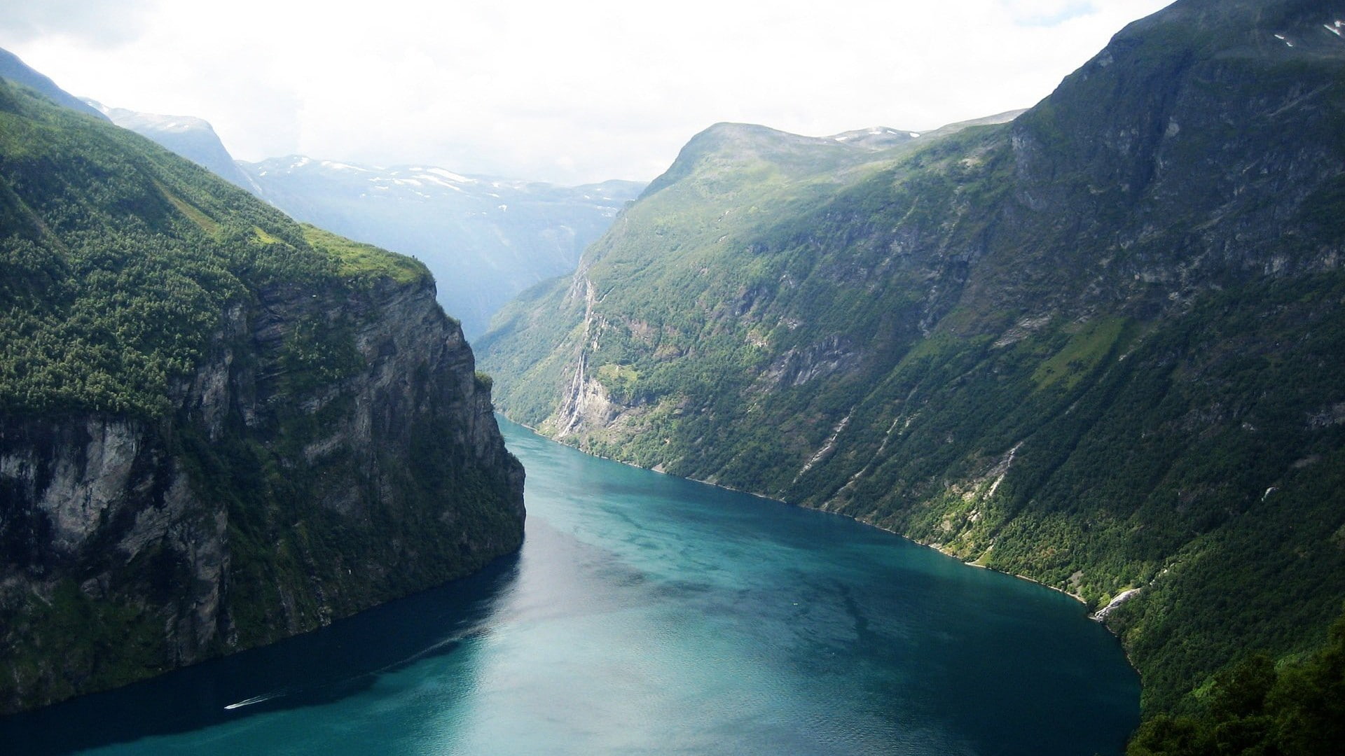 Geiranger, canyon, lake, forest, fjord, water, nature, valley, river, landscape, Norway, mountains, 1080P, HD Wallpaper