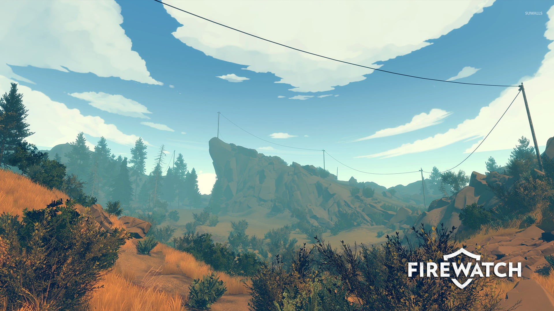 blue, sign, western script, tranquil scene, mountain, ground, plant, landscape, outdoors, Firewatch, no people, idyllic, beauty in nature, text, sky, information, HD Wallpaper