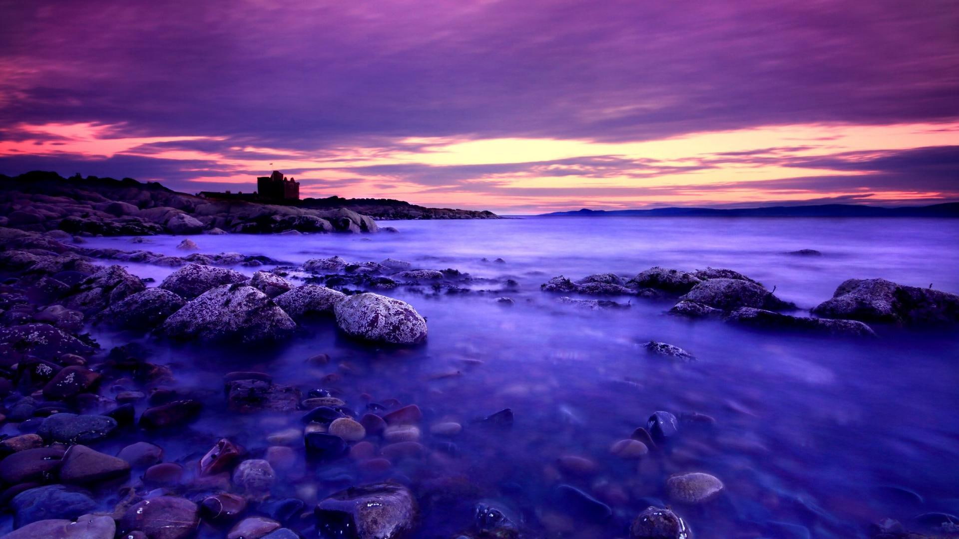 clouds, beach, stones, sunset, purple, nature and landscapes, 1080P, HD Wallpaper