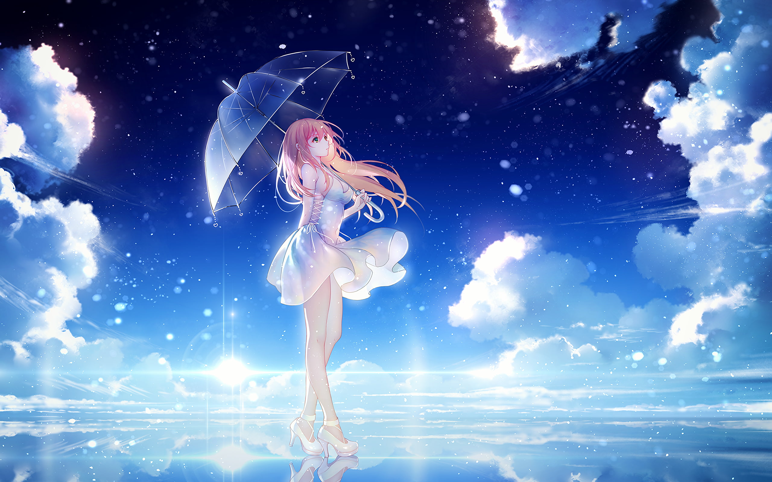 2K, dress, umbrella, clouds, sky, bliss, blonde, HD Wallpaper