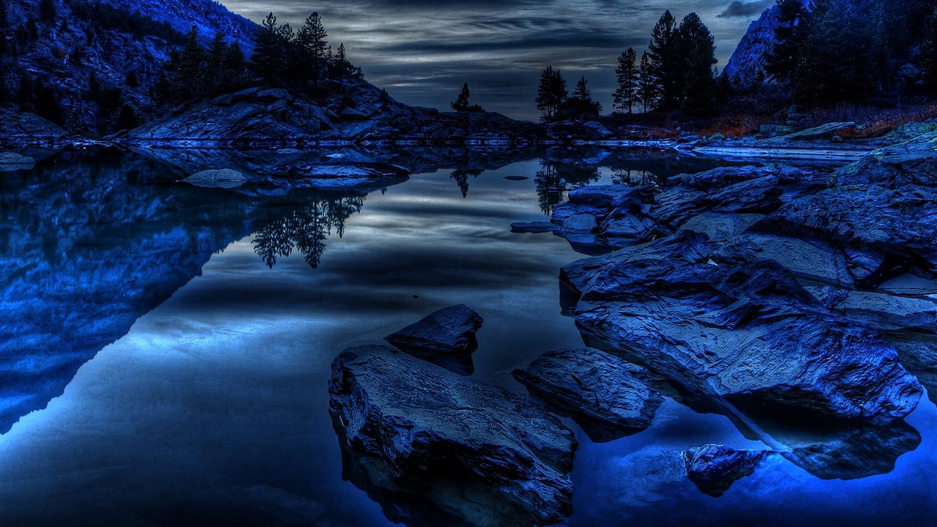 river, water, rock, 1080P, stone, blue, photo, mountain, night, nature and landscapes, midnight, time, bliss, HD Wallpaper