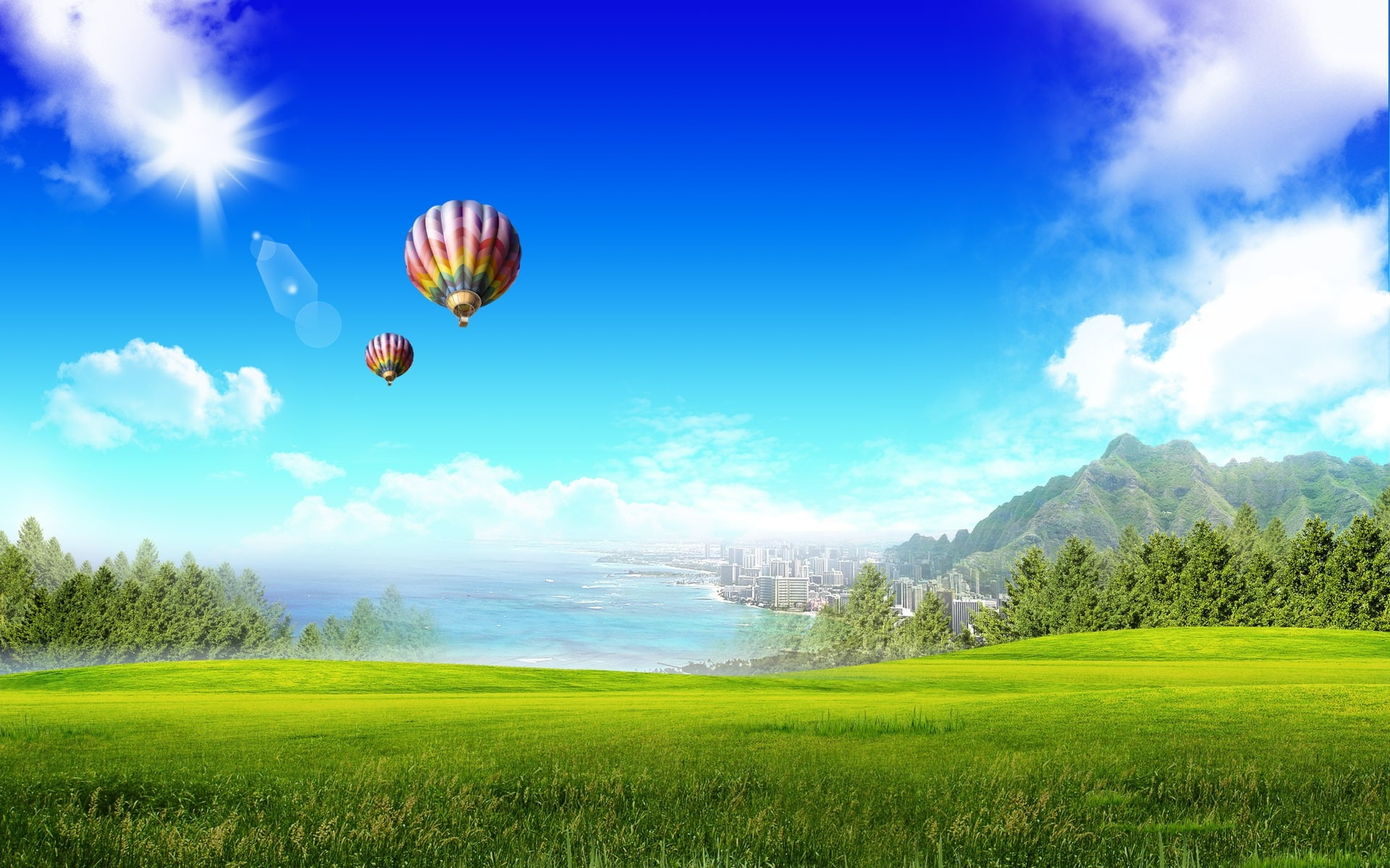 landscape, hot, bliss, two, air, balloons, 1080P, mountain, HD Wallpaper