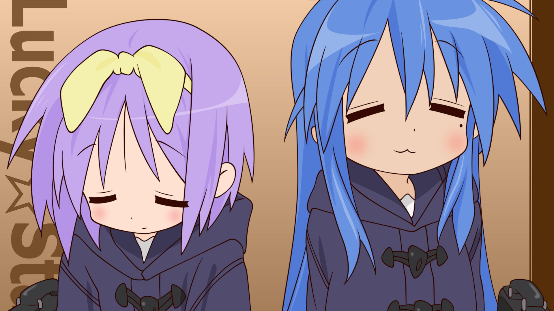 indoors, architecture, female likeness, Lucky Star, craft, male likeness, creativity, representation, no people, anime girls, wall - building feature, illuminated, HD Wallpaper