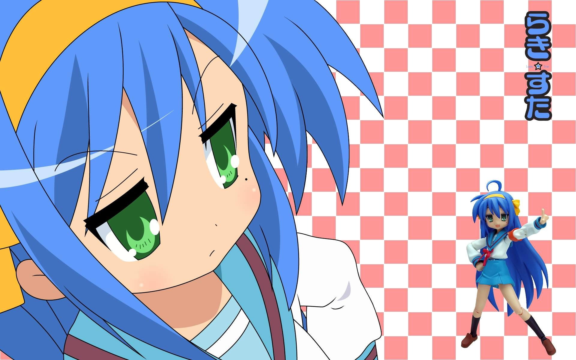 blue, green eyes, anime girls, day, art and craft, wall - building feature, sunlight, pattern, Lucky Star, built structure, 1080P, people, men, creativity, HD Wallpaper