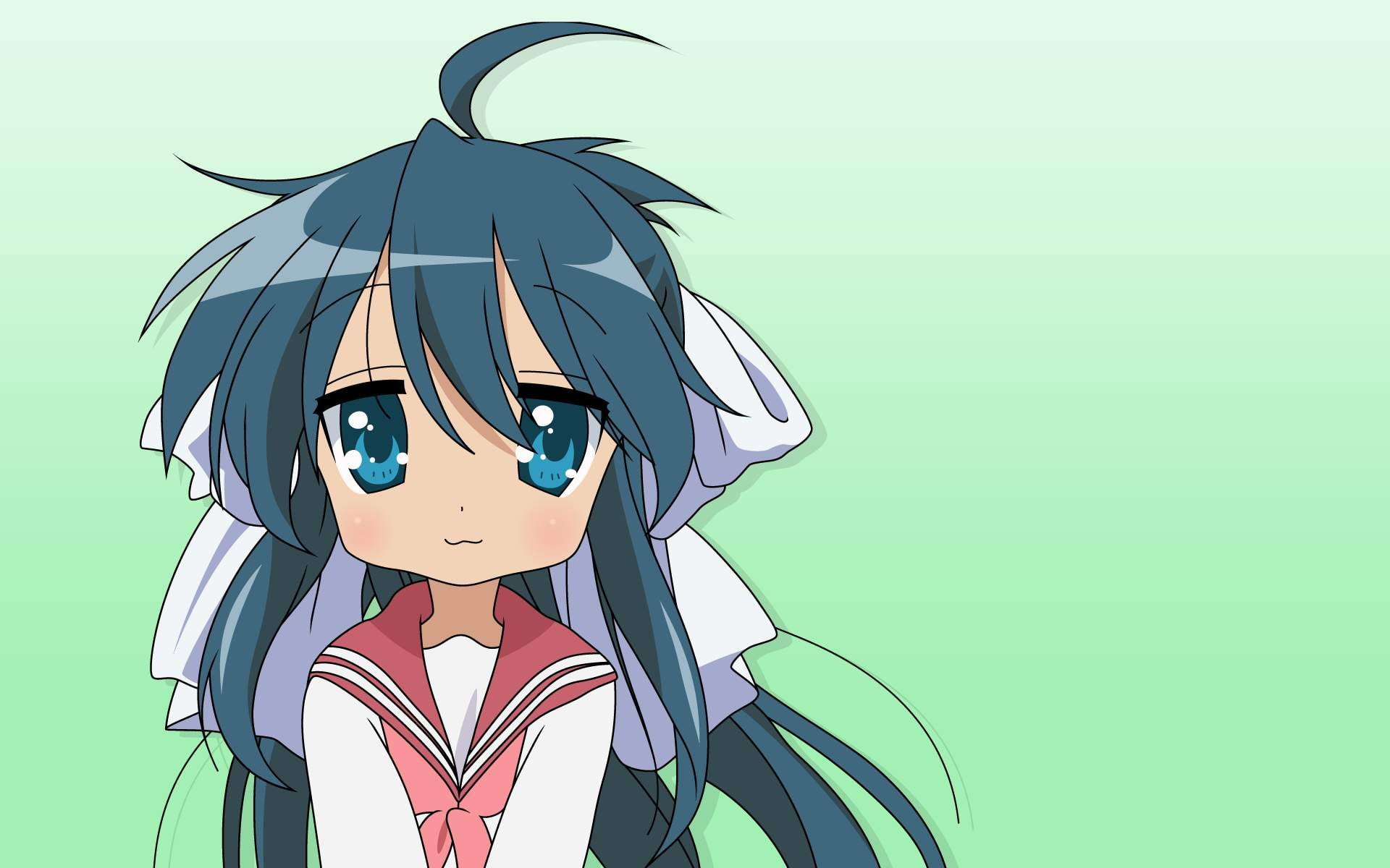 creativity, anime, no people, 1080P, art and craft, cartoon, anime girls, representation, green color, sky, day, toy, clear sky, Izumi Konata, close-up, HD Wallpaper
