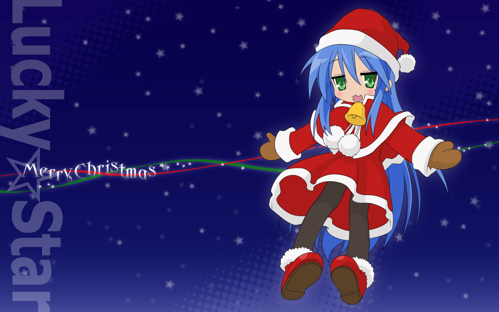 anime girls, blue hair, anime, Izumi Konata, Lucky Star, 720P, green eyes, Santa hats, Christmas, HD Wallpaper