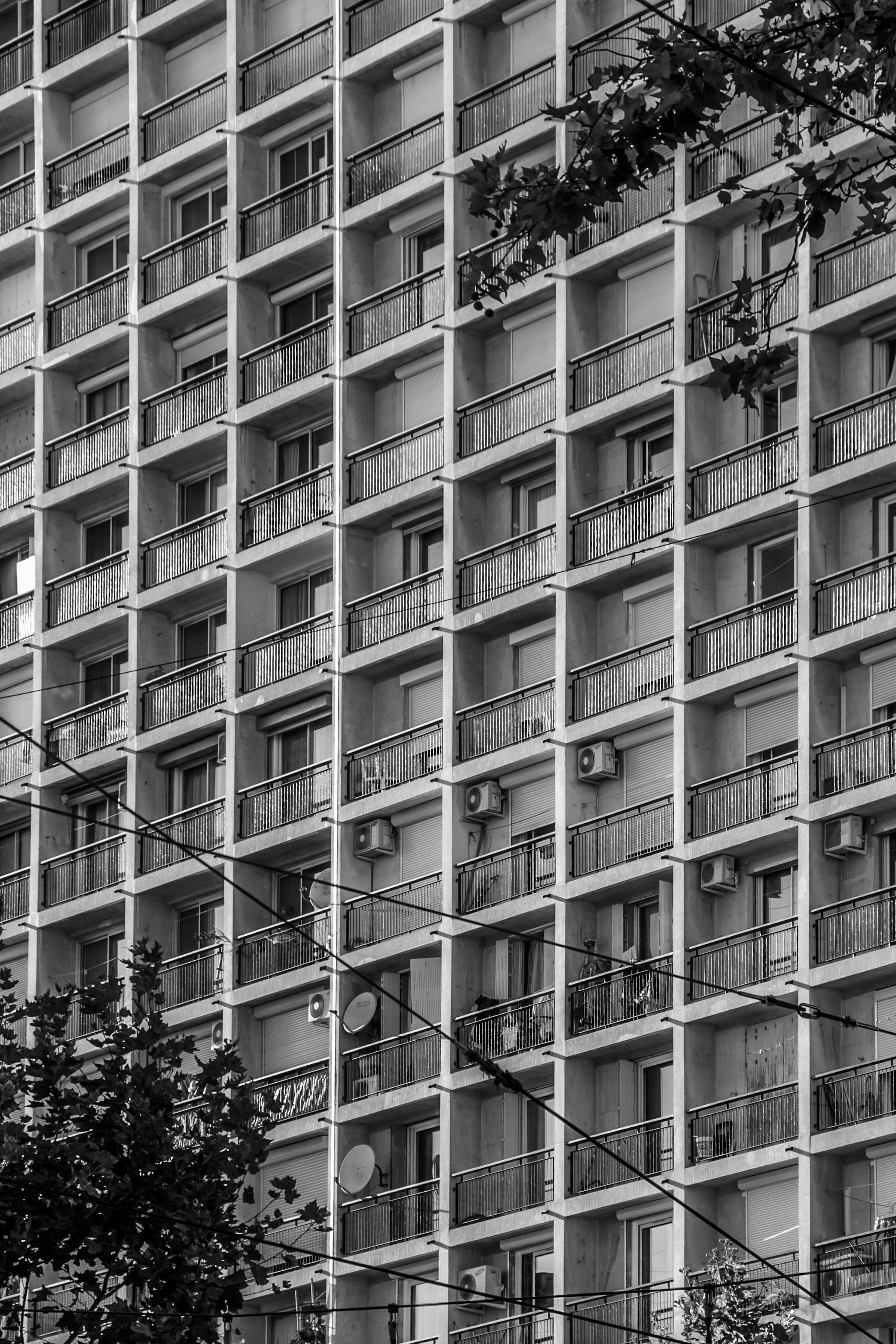 built structure, black and white, backgrounds, outdoors, day, apartment, building exterior, repetition, no people, plant, window, residential district, Phone HD Wallpaper