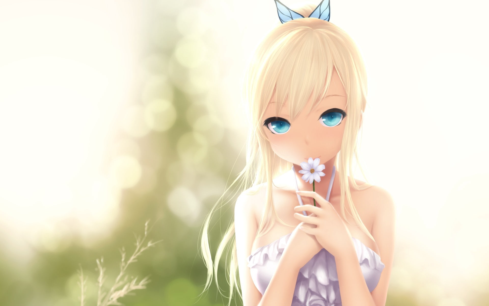 soft shading, hair ornament, Kashiwazaki Sena, nature, Boku wa Tomodachi ga Sukunai, ponytail, bangs, blue eyes, blonde, artwork, manga, butterfly, anime girls, HD Wallpaper
