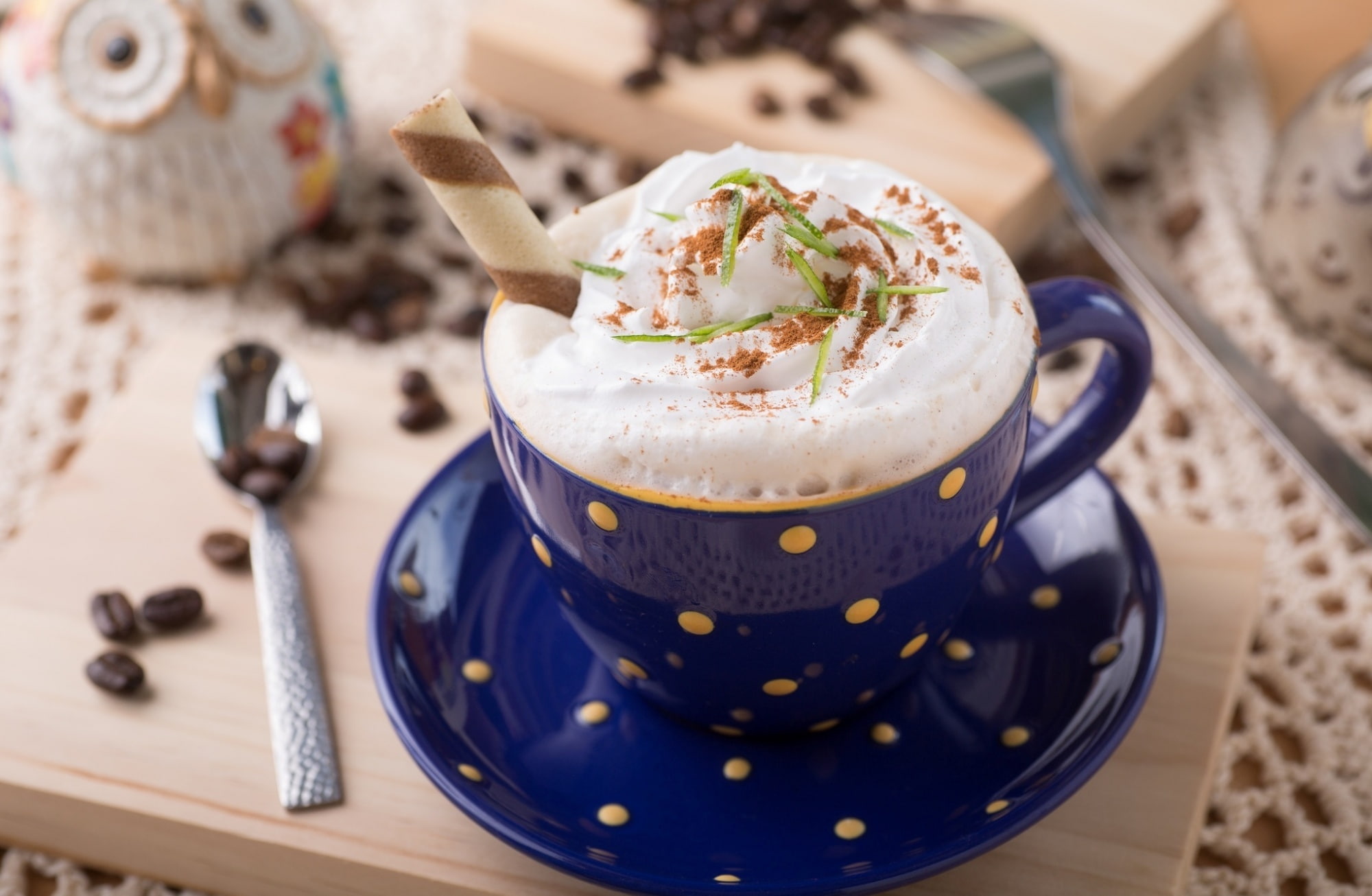 food, mug, cappuccino, blue, 1080P, eating utensil, refreshment, cup, freshness, wafer, corn, stick, crockery, toppings, foam, ice, drink tube, coffee, HD Wallpaper