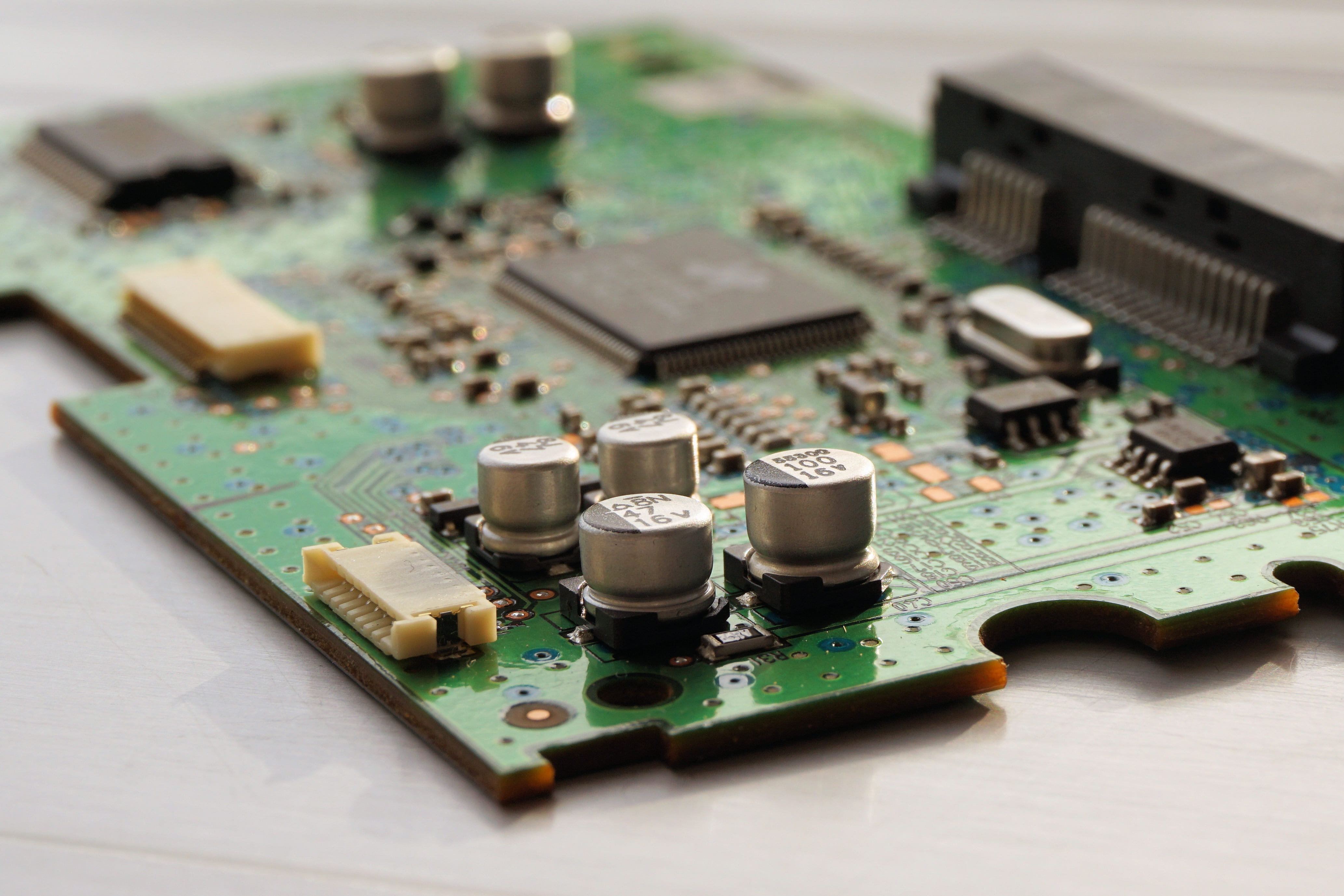 data, photography, complexity, high angle view, motherboard, mother board, technology, no people, semiconductor, focus on foreground, green color, circuit, HD Wallpaper