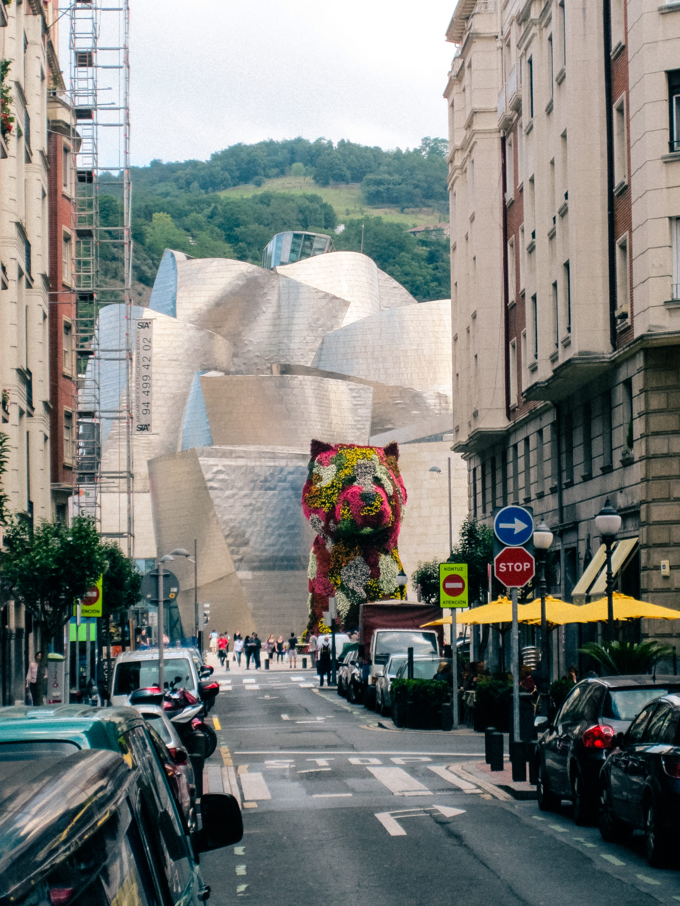 city, 2K, bilbo, mode of transportation, flowers, built structure, sign, outdoors, road sign, day, animal, guggenheim museum bilbao, museum, architecture, Phone HD Wallpaper