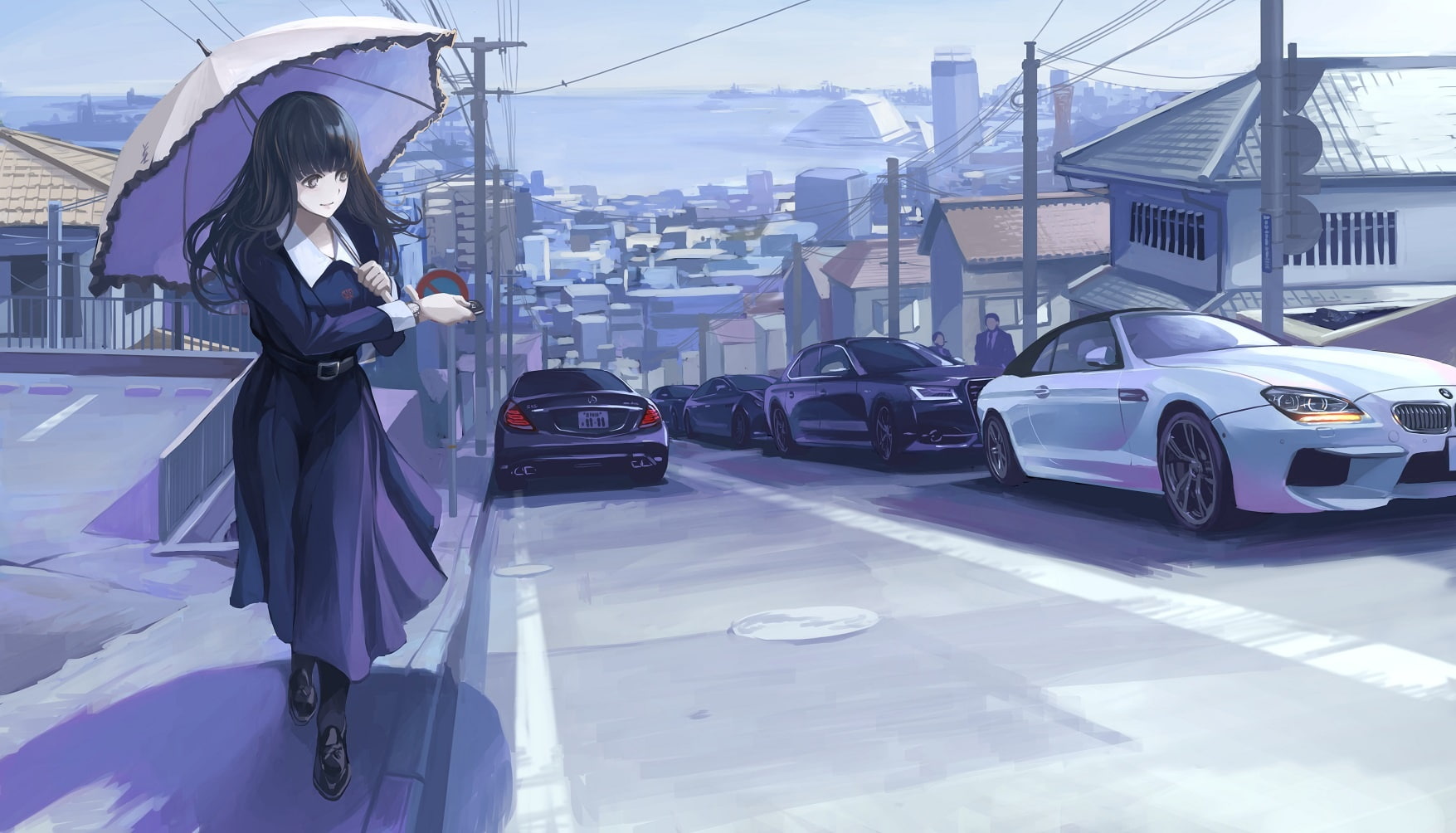 com, 235623, city, long, konachan, terabyte, tie, 720P, male, dress, black, original, building, hair, umbrella, car, (rook777), eyes, HD Wallpaper