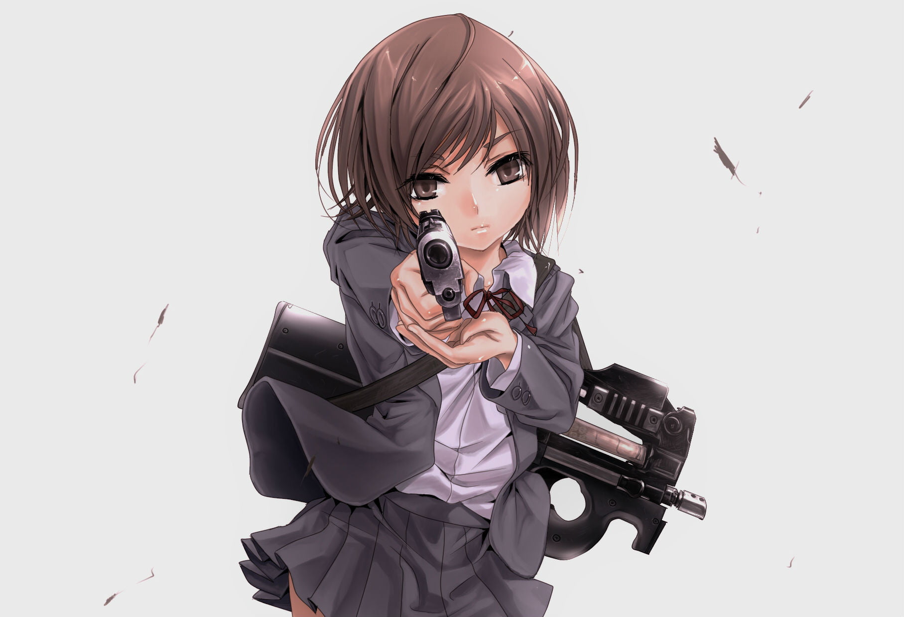 rook777, front view, gun, hair, portrait, technology, brown, women, looking at camera, communication, gunslinger, henrietta, eyes, girl, weapon, studio shot, HD Wallpaper