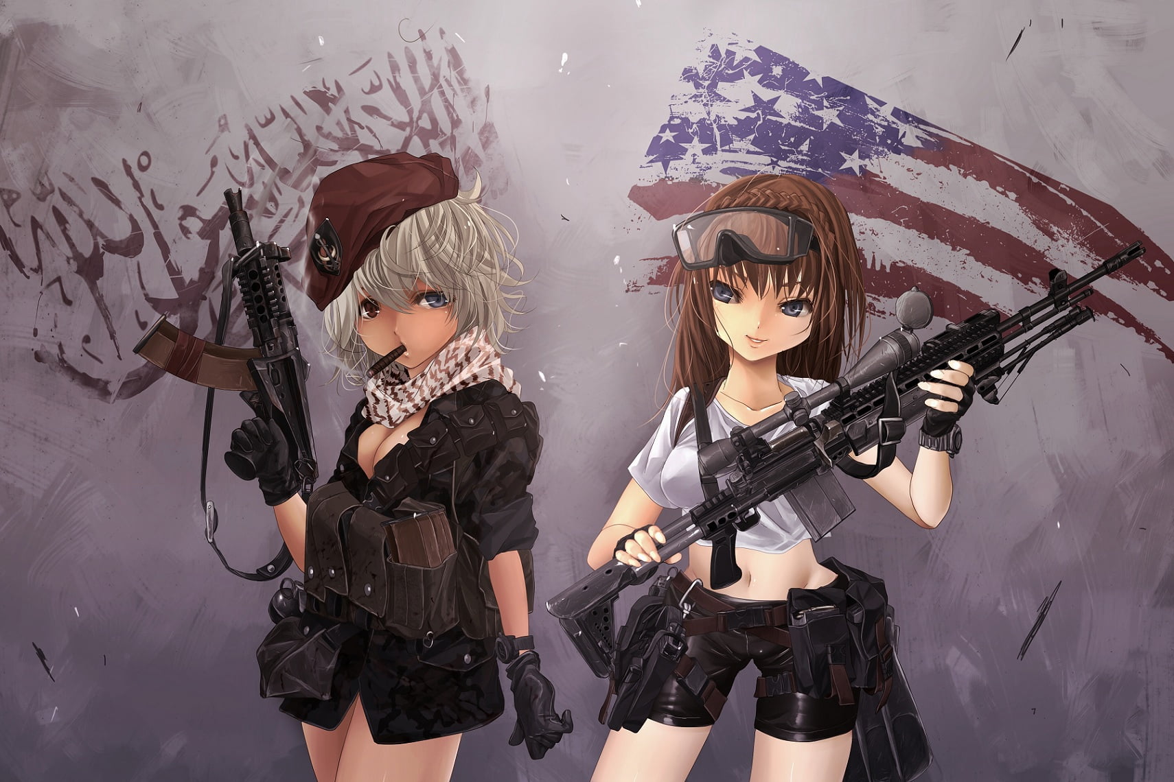 weapon, standing, three quarter length, cleavage, girls, two people, bicolored, people, clothing, women, child, traditional clothing, cigarette, front view, HD Wallpaper