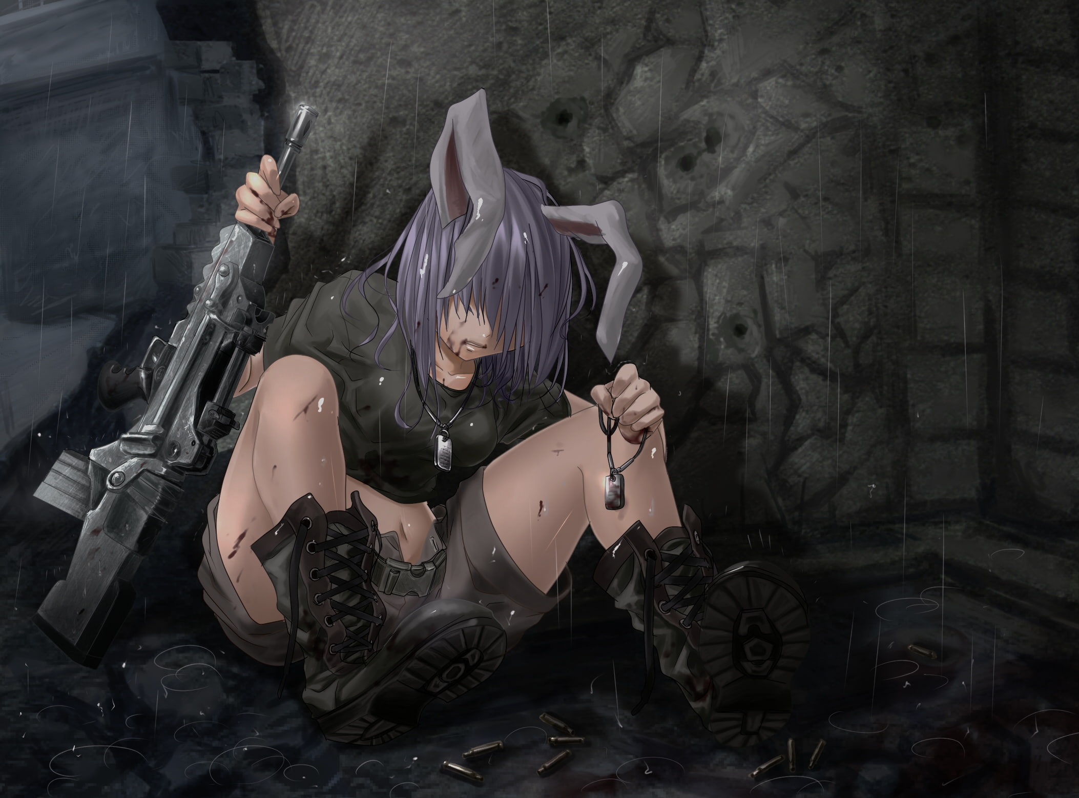call, ears, hair, rook777, rain, duty, inaba, animal, purple, terabyte, crossover, weapon, long, reisen, udongein, touhou, boots, 1080P, gun, HD Wallpaper