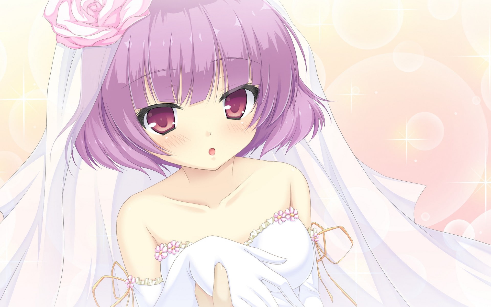 anime girls, 1080P, short hair, Mizu no Miyako no Patisserie, wedding dress, purple hair, Tsugumi Konno, purple eyes, HD Wallpaper