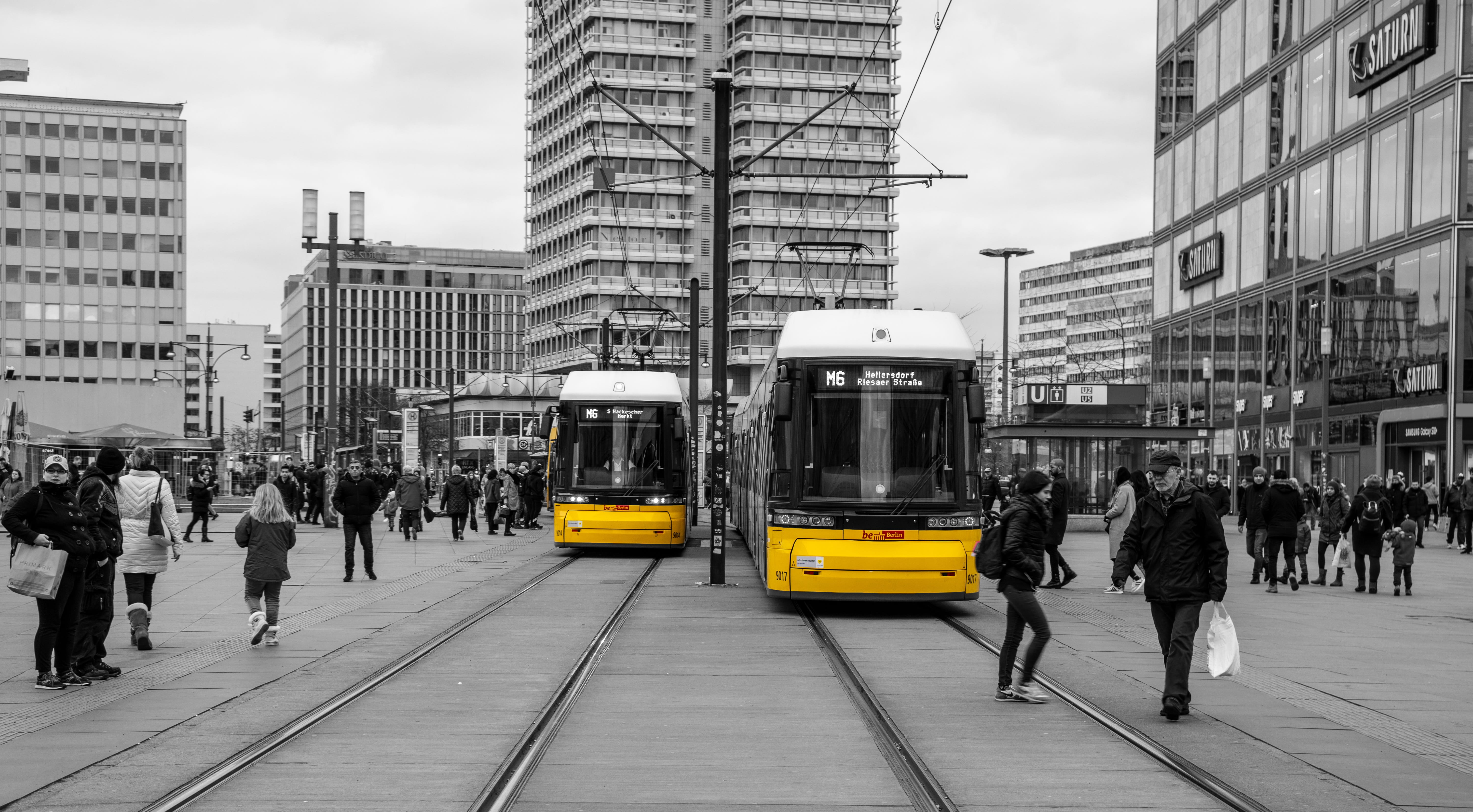 germany, view, public transportation, 5K, city street, group of people, transportation, bw, black and white, berlin, real people, large group of people, HD Wallpaper