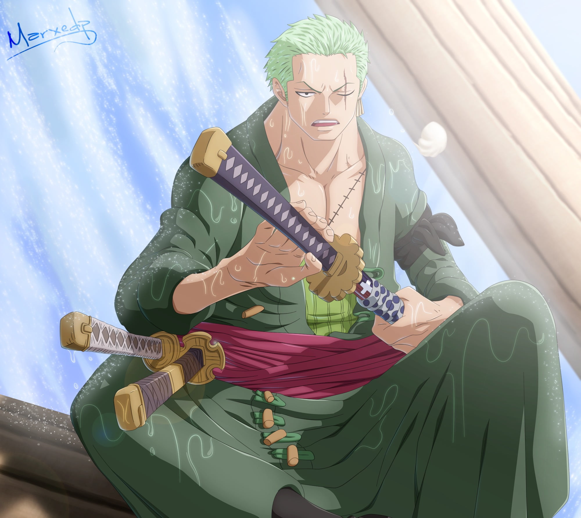 females, sitting, green hair, women, cold temperature, real people, nature, Roronoa Zoro, outdoors, young adult, day, leisure activity, clothing, anime boys, HD Wallpaper